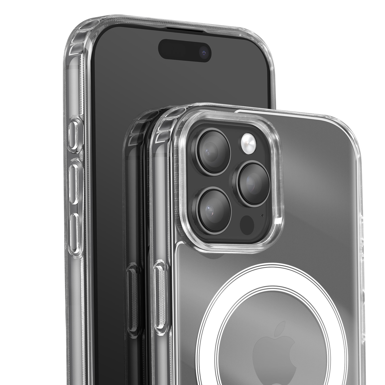 Zwei Smartphones, eine transparente Hülle. Das erste ist schwarz, das zweite hat eine transparente Hülle.