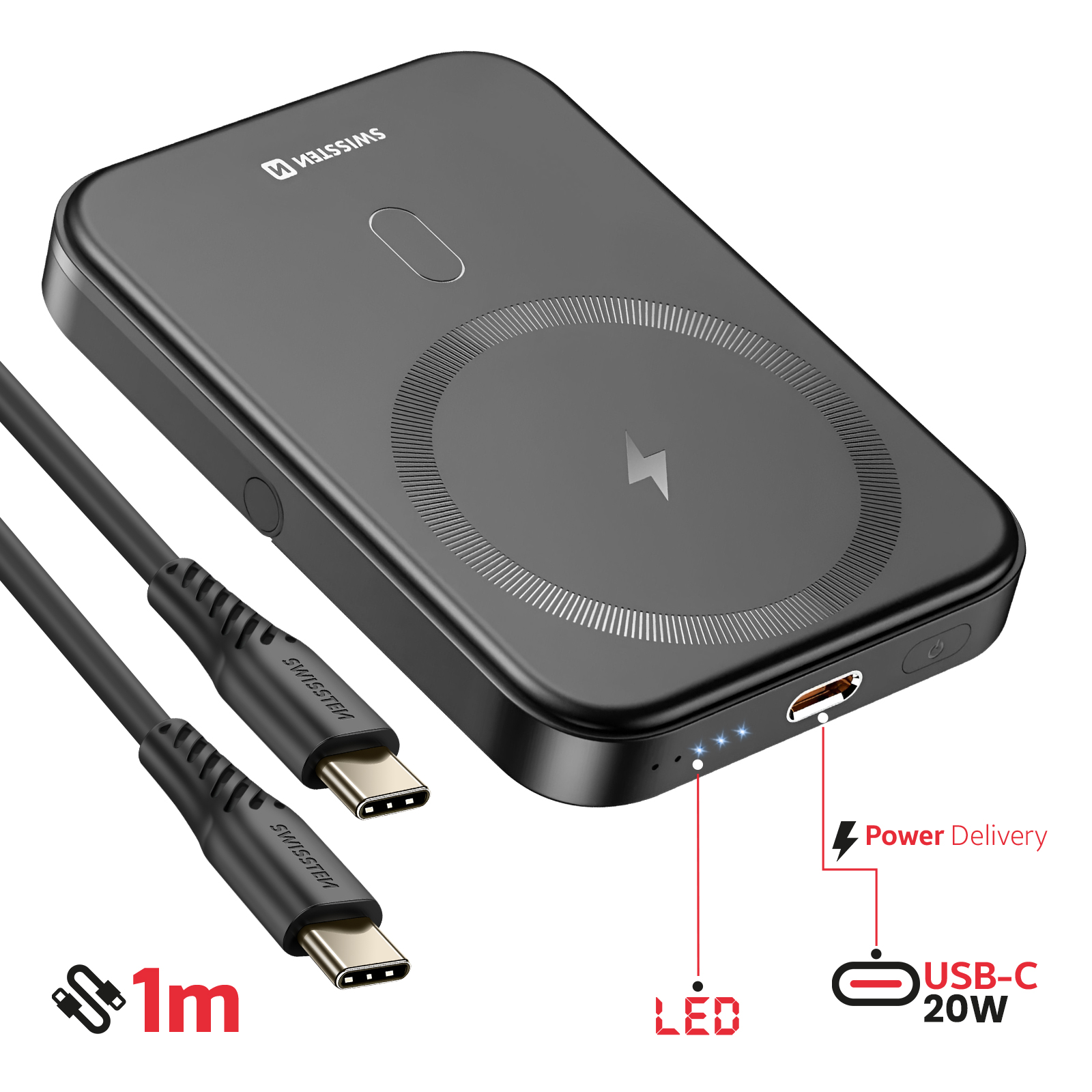 Schwarzes kabelloses Ladegerät mit USB-C-Kabel. Mit LED-Anzeigen, Stromversorgung und einem Blitzsymbol zum Laden.
