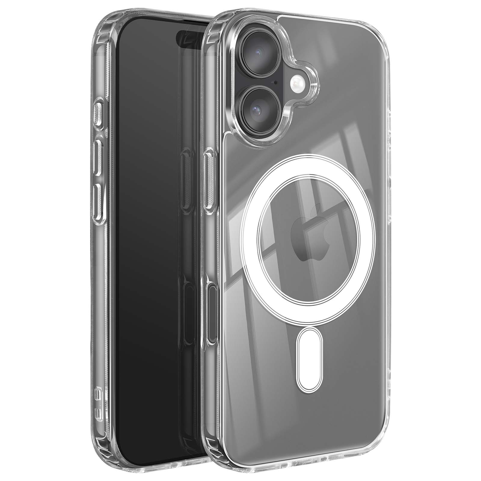 Custodia trasparente con telefono. Fotocamera e anello bianco visibili. Logo Apple visibile.