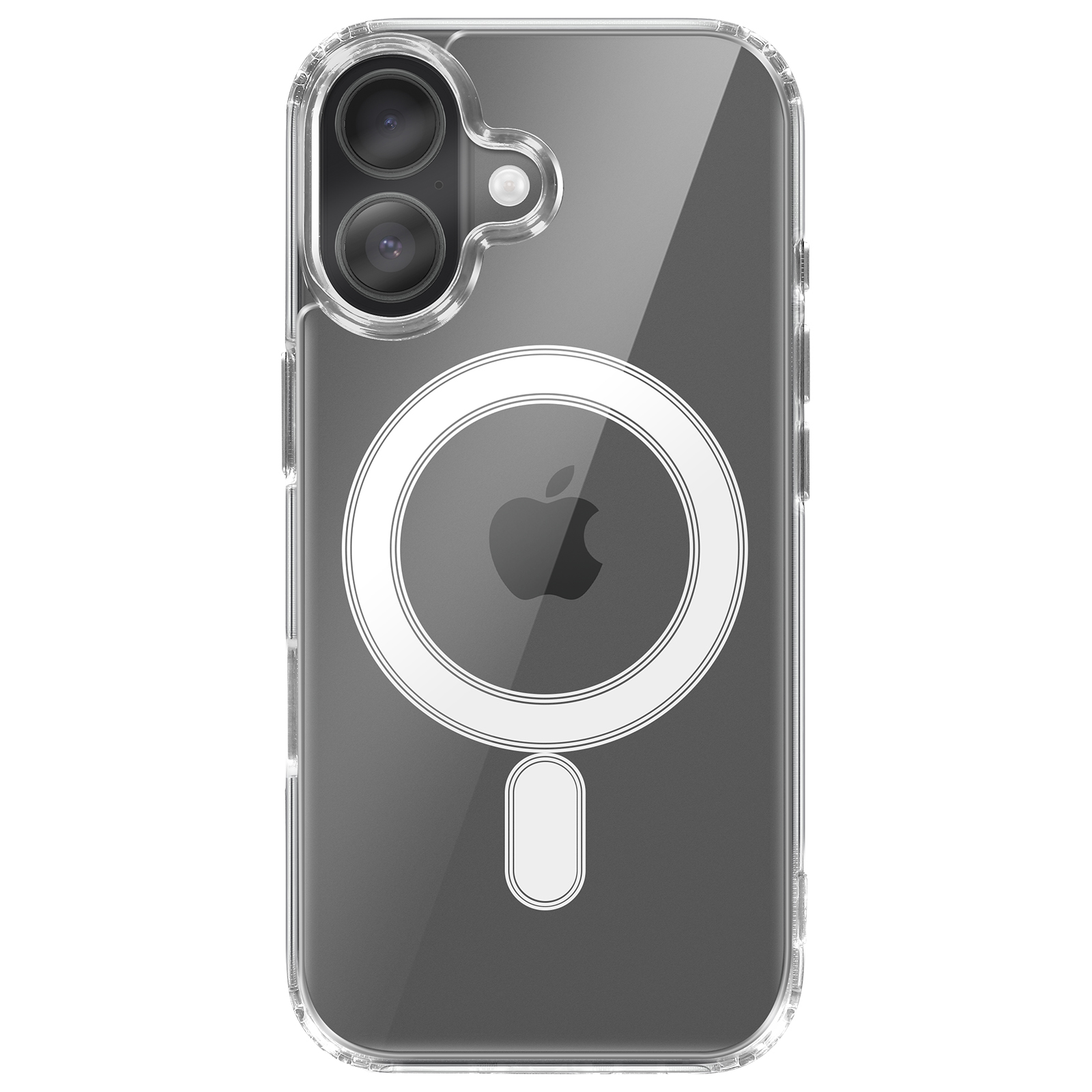 Custodia trasparente per telefono. Ha il logo Apple, un design circolare bianco e due fotocamere.