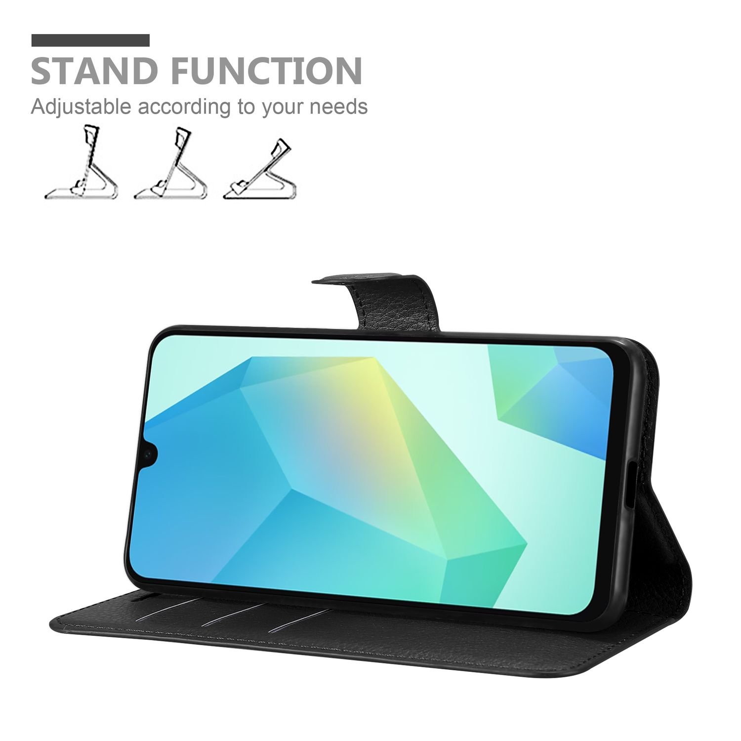 Ein Telefon in einer schwarzen Hülle mit Ständerfunktion. Der Bildschirm zeigt ein farbenfrohes geometrisches Design.