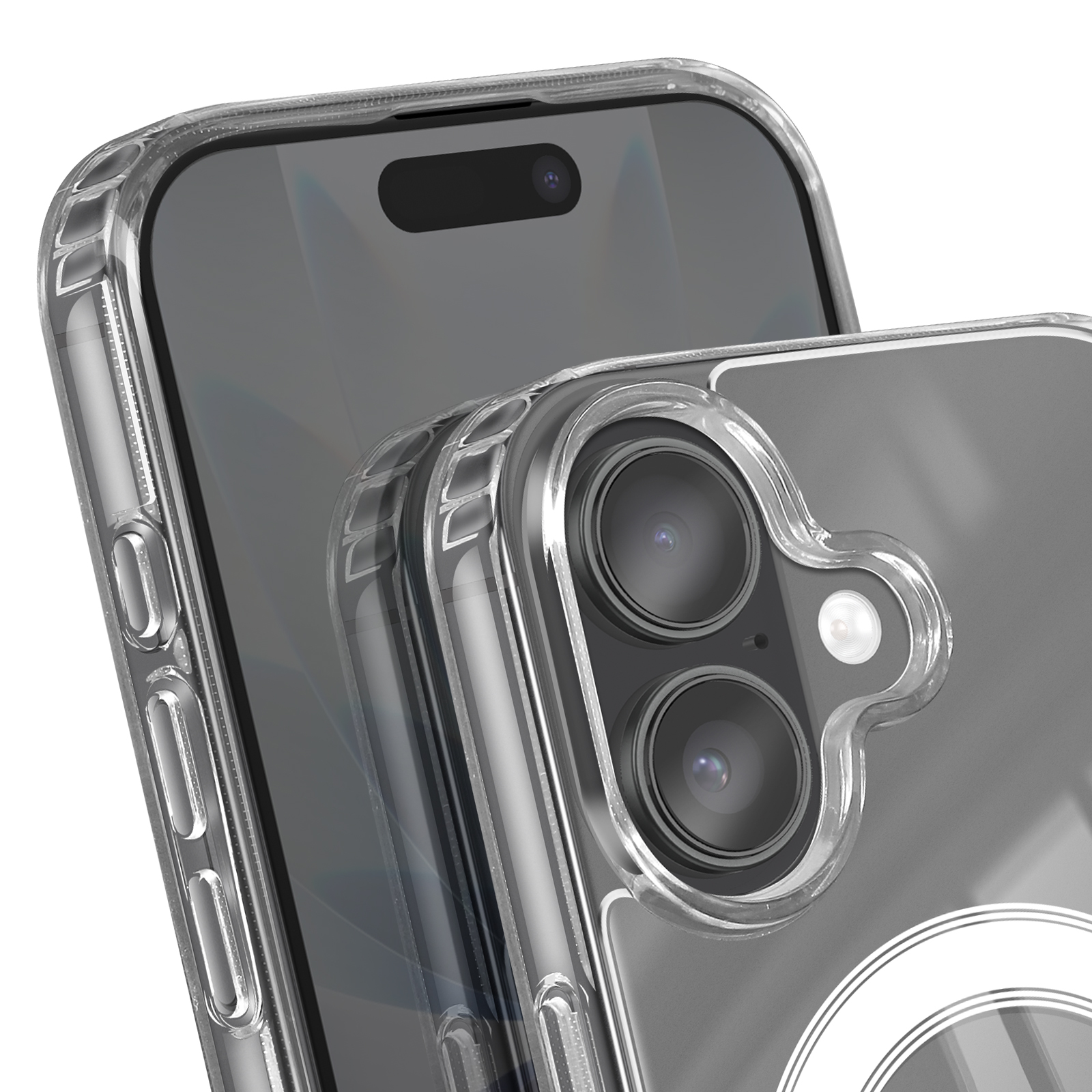 Primo piano di una custodia trasparente per telefono che copre un telefono grigio. La custodia ha un ritaglio per la fotocamera e bordi protettivi.