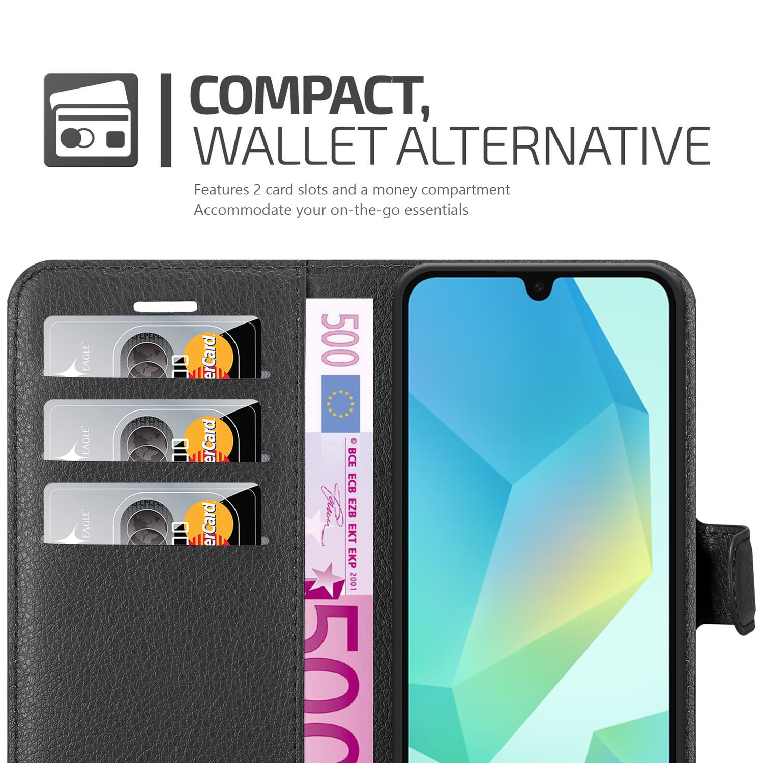 Eine Brieftaschenalternative zeigt Kartenfächer mit Karten, einen 500-Euro-Schein und ein Smartphone. Der Hintergrund ist weiß mit Text.