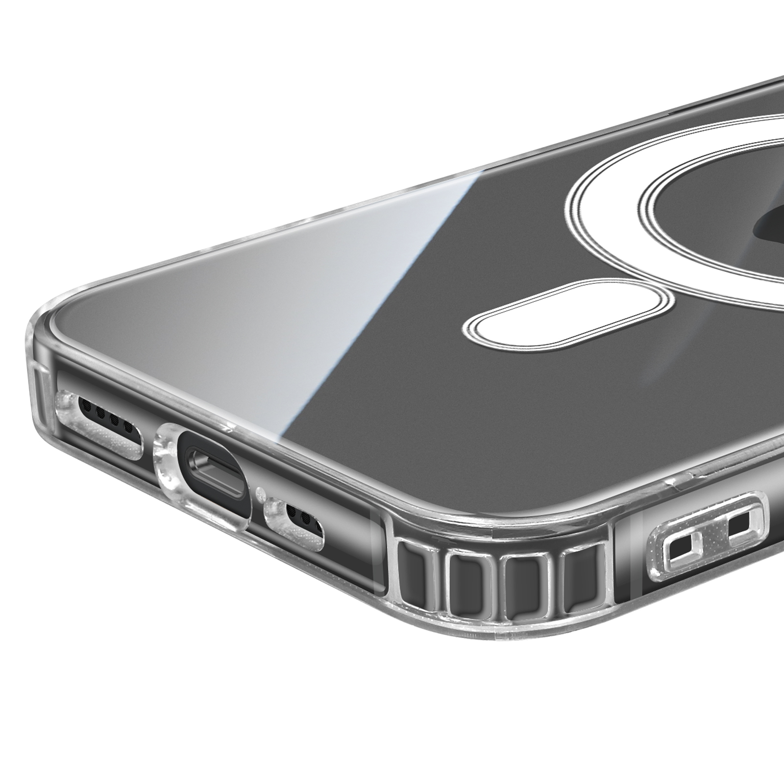 Una custodia trasparente per telefono con un anello MagSafe. Mostra il lato con la porta di ricarica e i fori degli altoparlanti.
