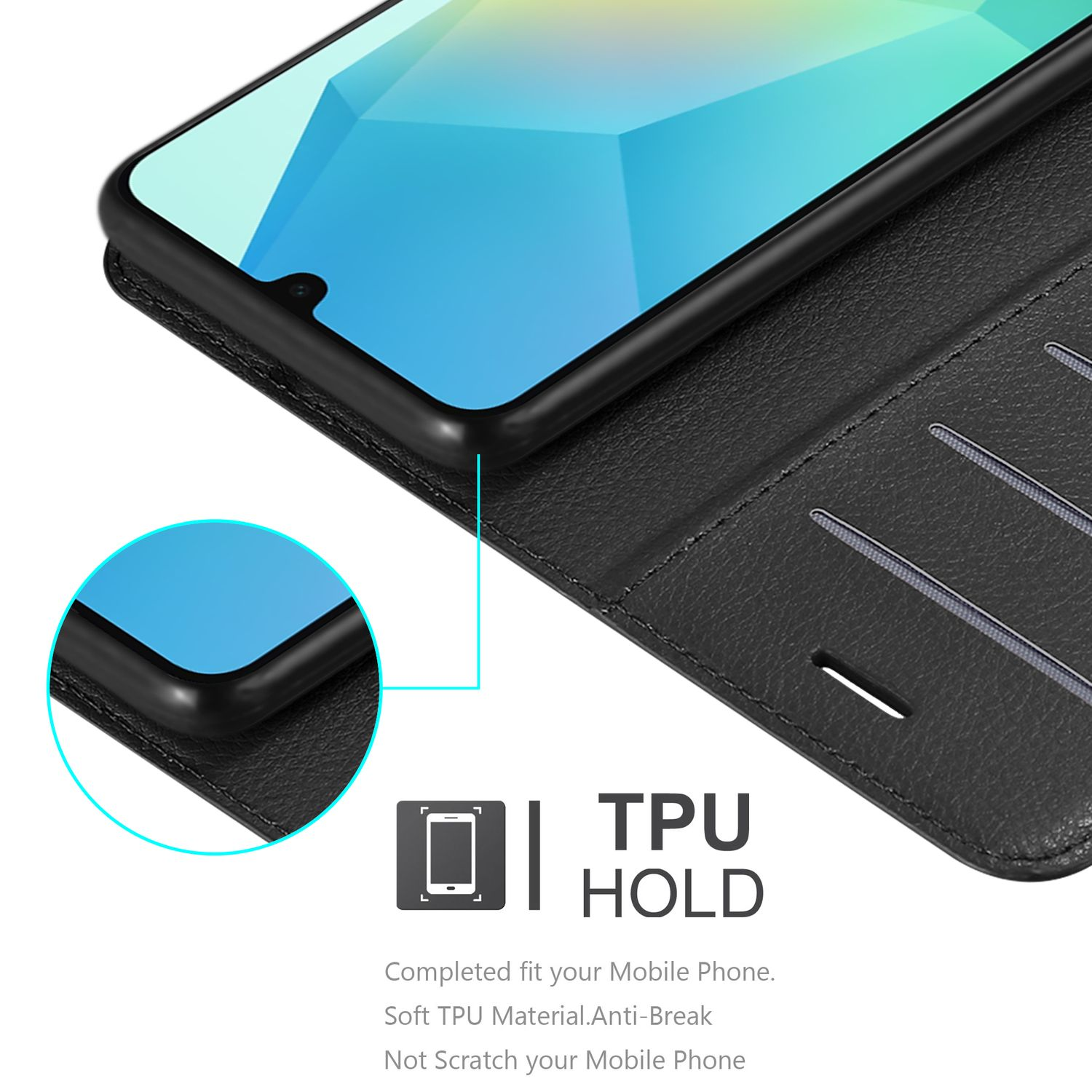 Ein Smartphone in einer schwarzen TPU-Handyhülle wird gezeigt. Die Hülle ist geöffnet und zeigt den Bildschirm und das Innere mit Kartenfächern.