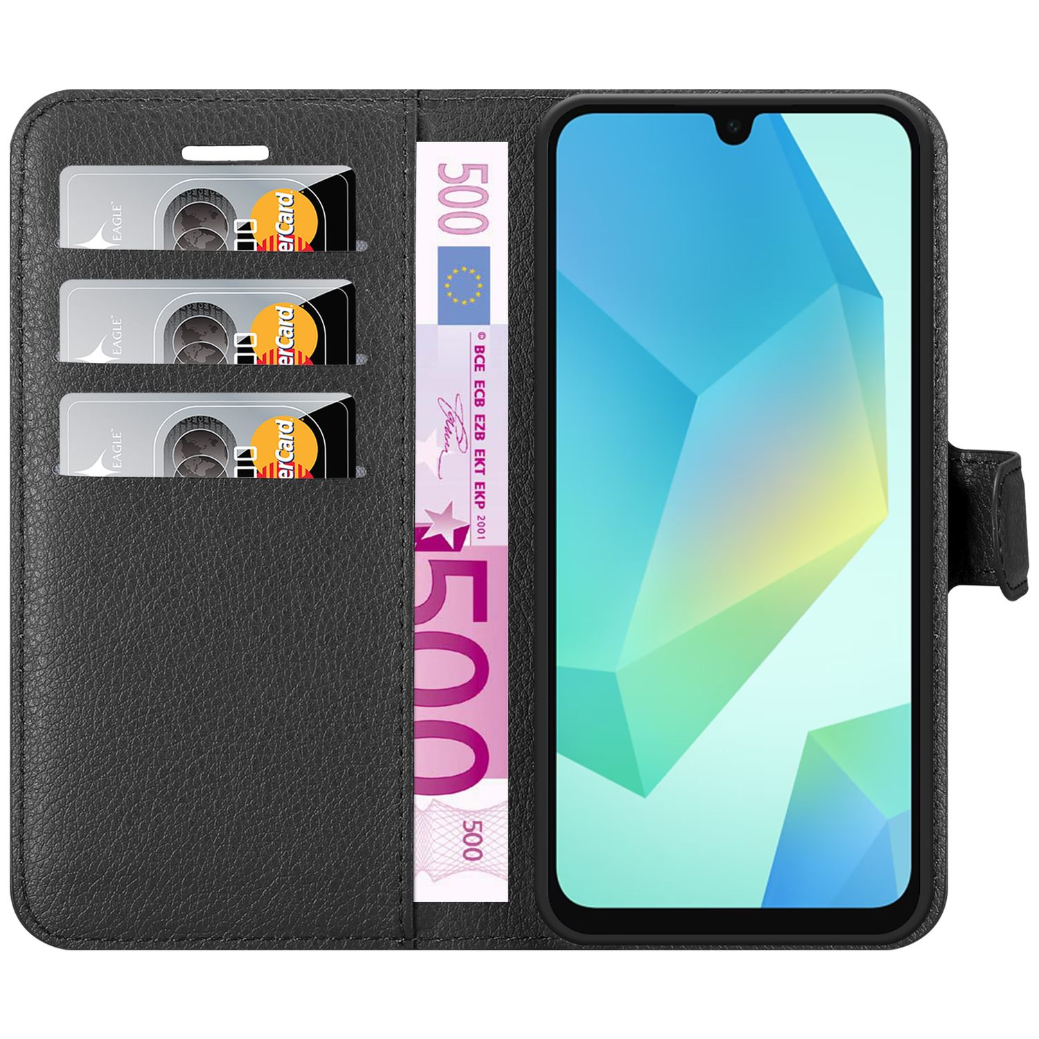 Schwarze Handyhülle mit Smartphone, Kreditkarten und einem 500-Euro-Schein.