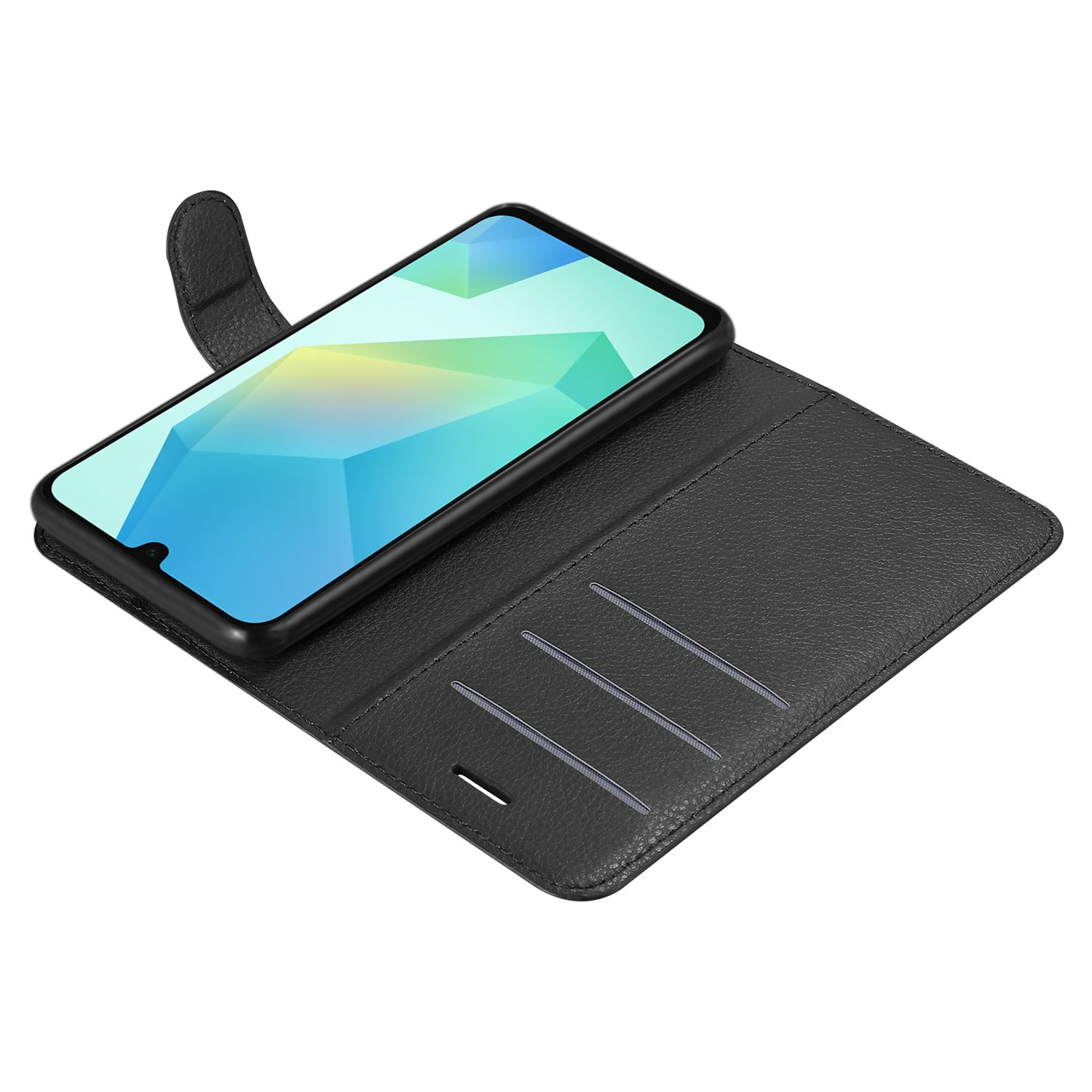 Ein Smartphone liegt in einer offenen schwarzen Lederhülle. Der Telefonbildschirm zeigt ein blaues und grünes abstraktes Design.