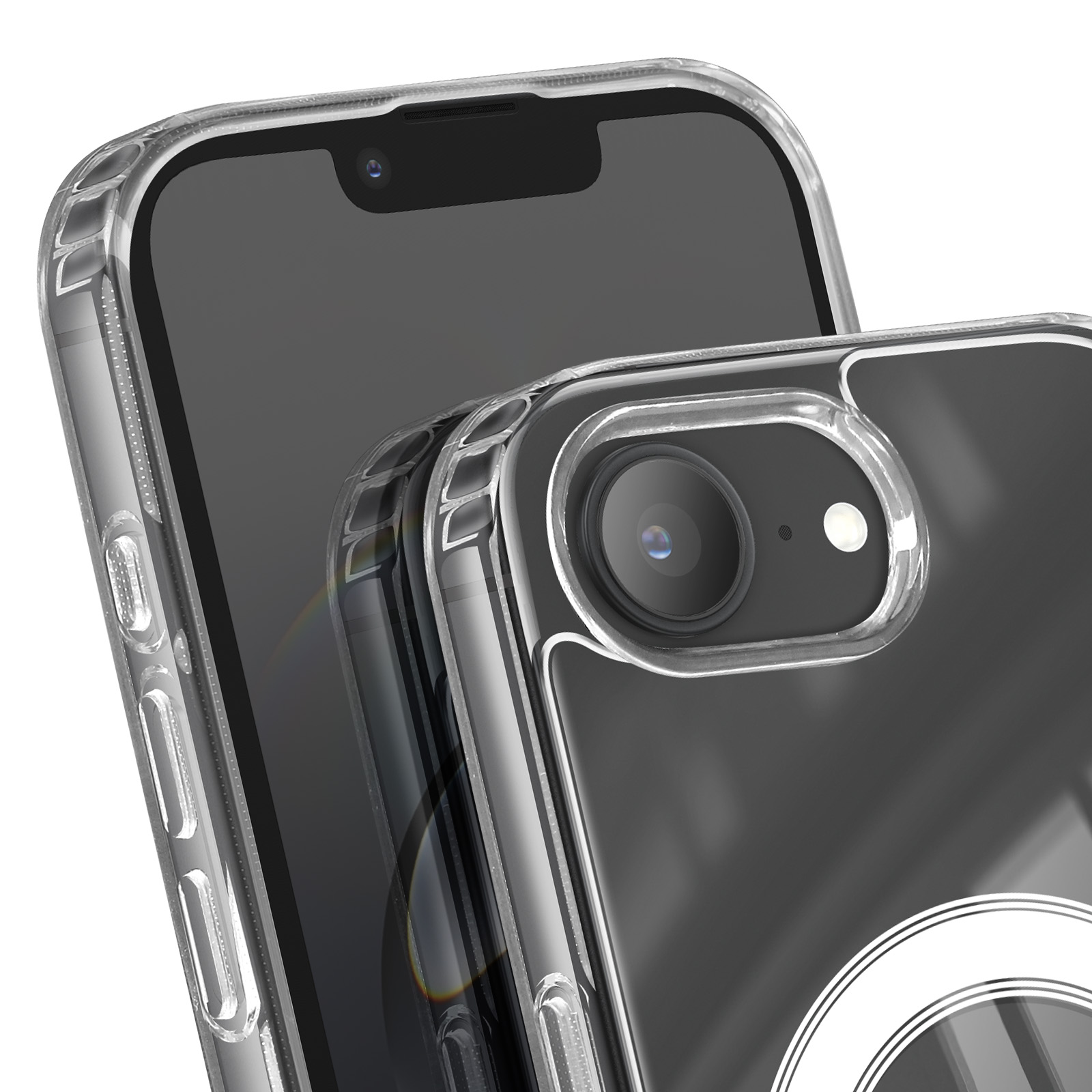 Due smartphone in custodie protettive trasparenti. Un telefono è davanti all'altro. L'immagine è ravvicinata, con i telefoni a fuoco.