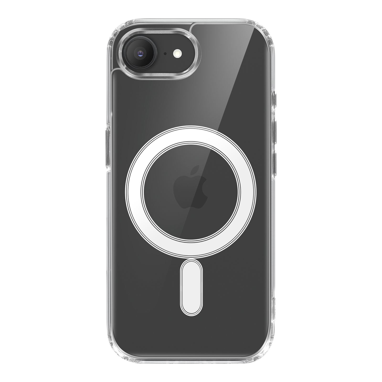 Custodia trasparente con anello bianco e logo Apple. La custodia ha un ritaglio per la fotocamera e un cerchio di ricarica magnetica.