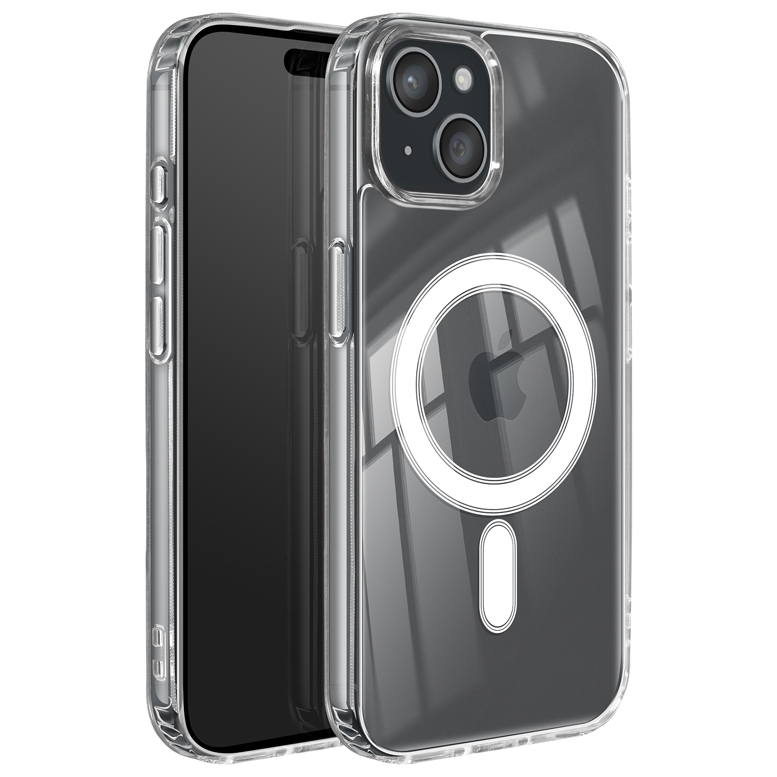 Coque iPhone transparente avec anneau MagSafe circulaire blanc, logo Apple et ovale en bas.