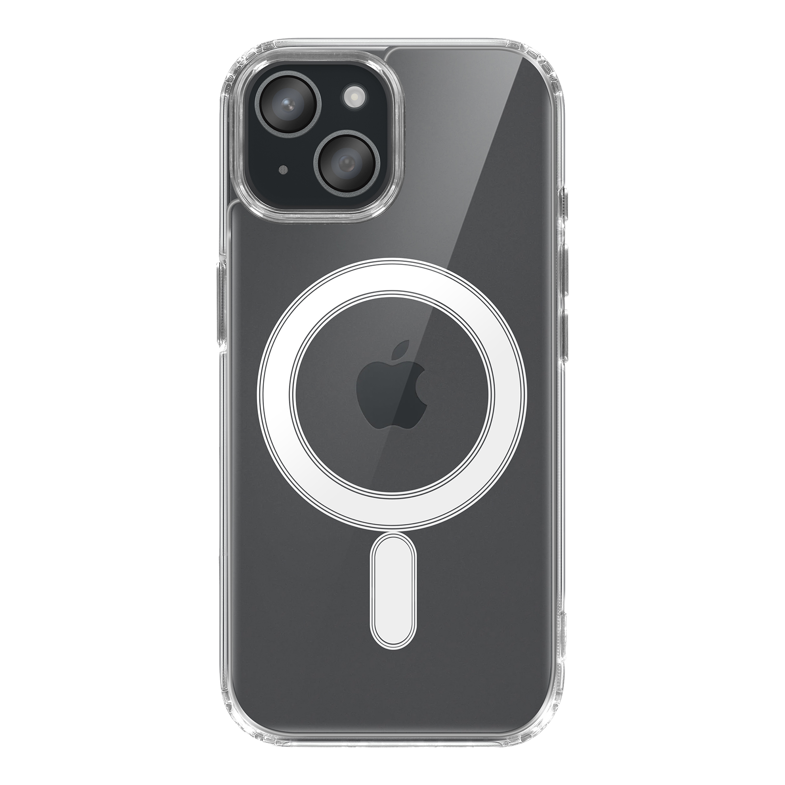 Coque transparente pour iPhone avec anneau MagSafe blanc et logo Apple. Avec doubles lentilles.