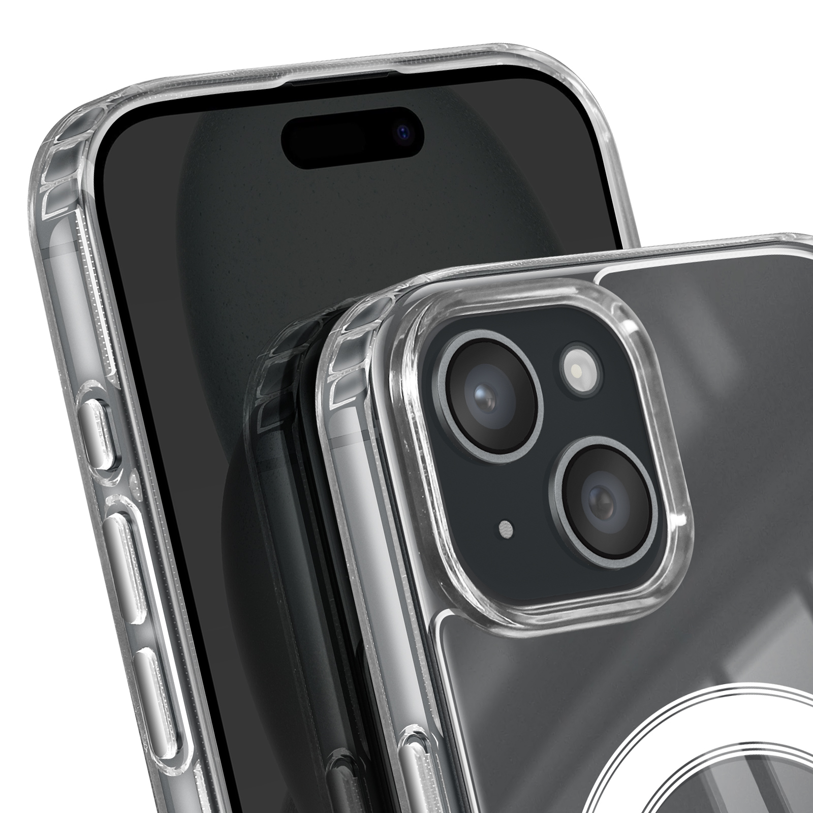 Gros plan de deux smartphones avec des coques de protection transparentes. Un téléphone est partiellement derrière l'autre.