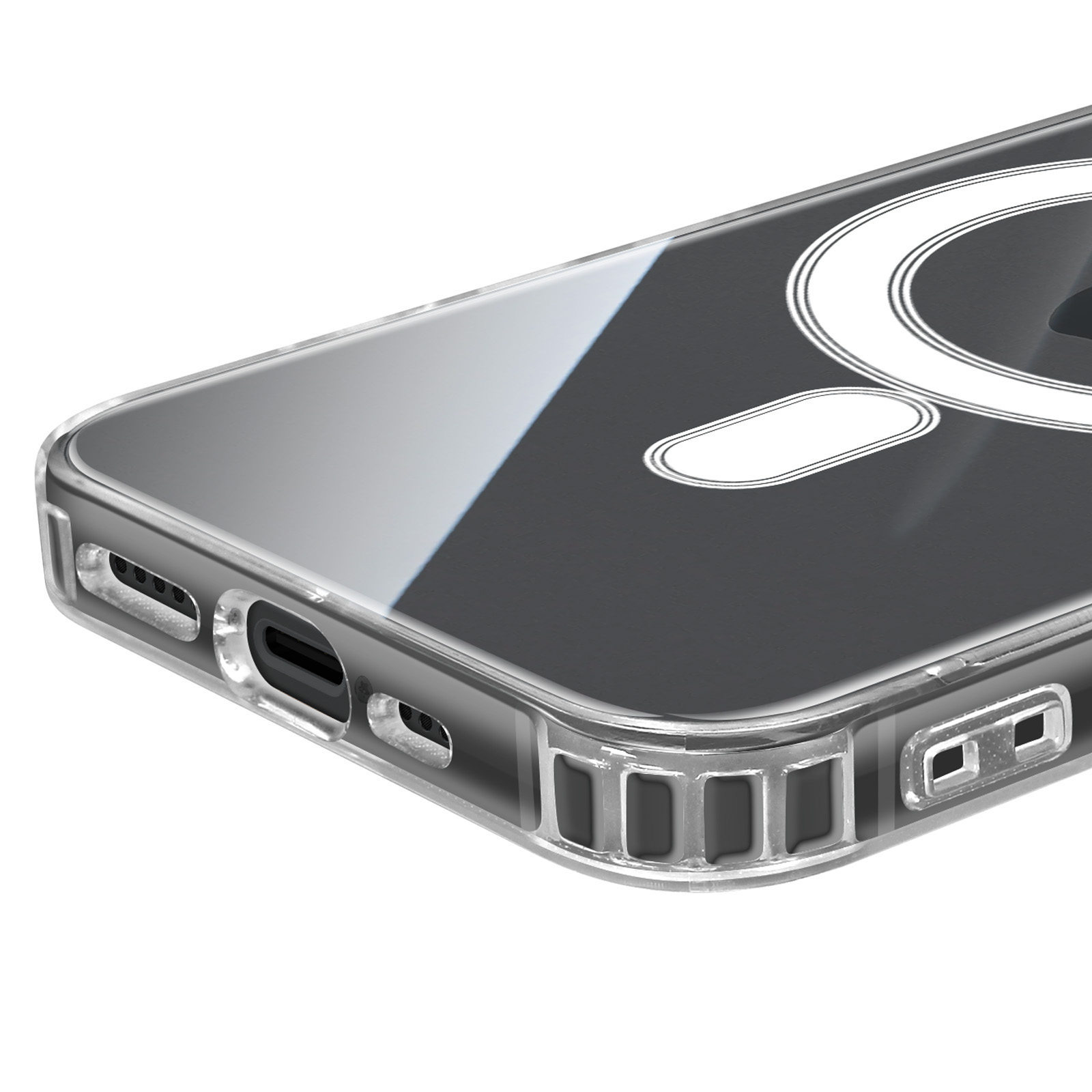 Coque de téléphone transparente avec un motif circulaire et ovale blanc sur une surface gris foncé. Montre le bord inférieur.