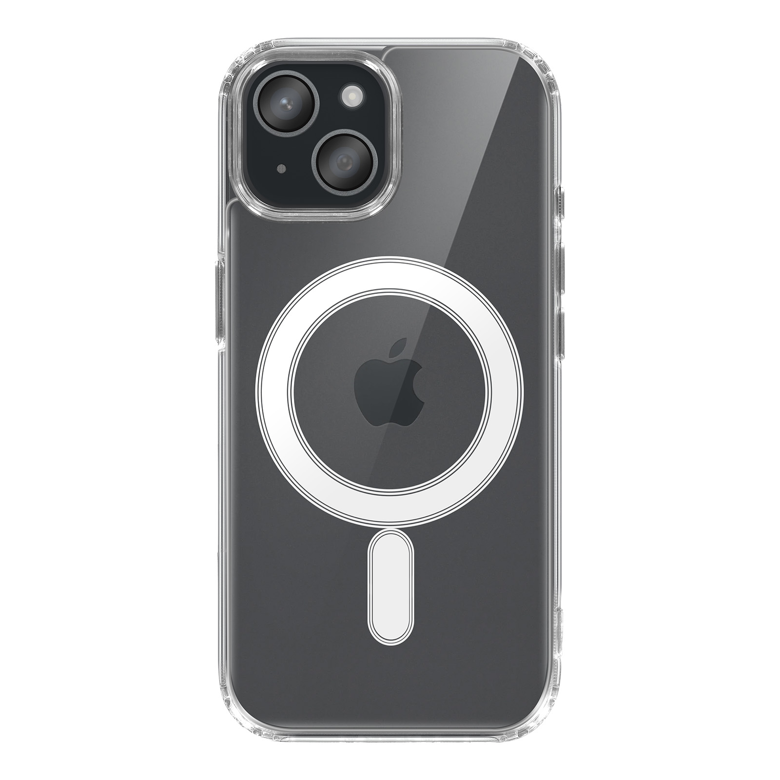 Coque transparente pour iPhone avec anneau MagSafe et logo Apple. La coque entoure un iPhone sombre.