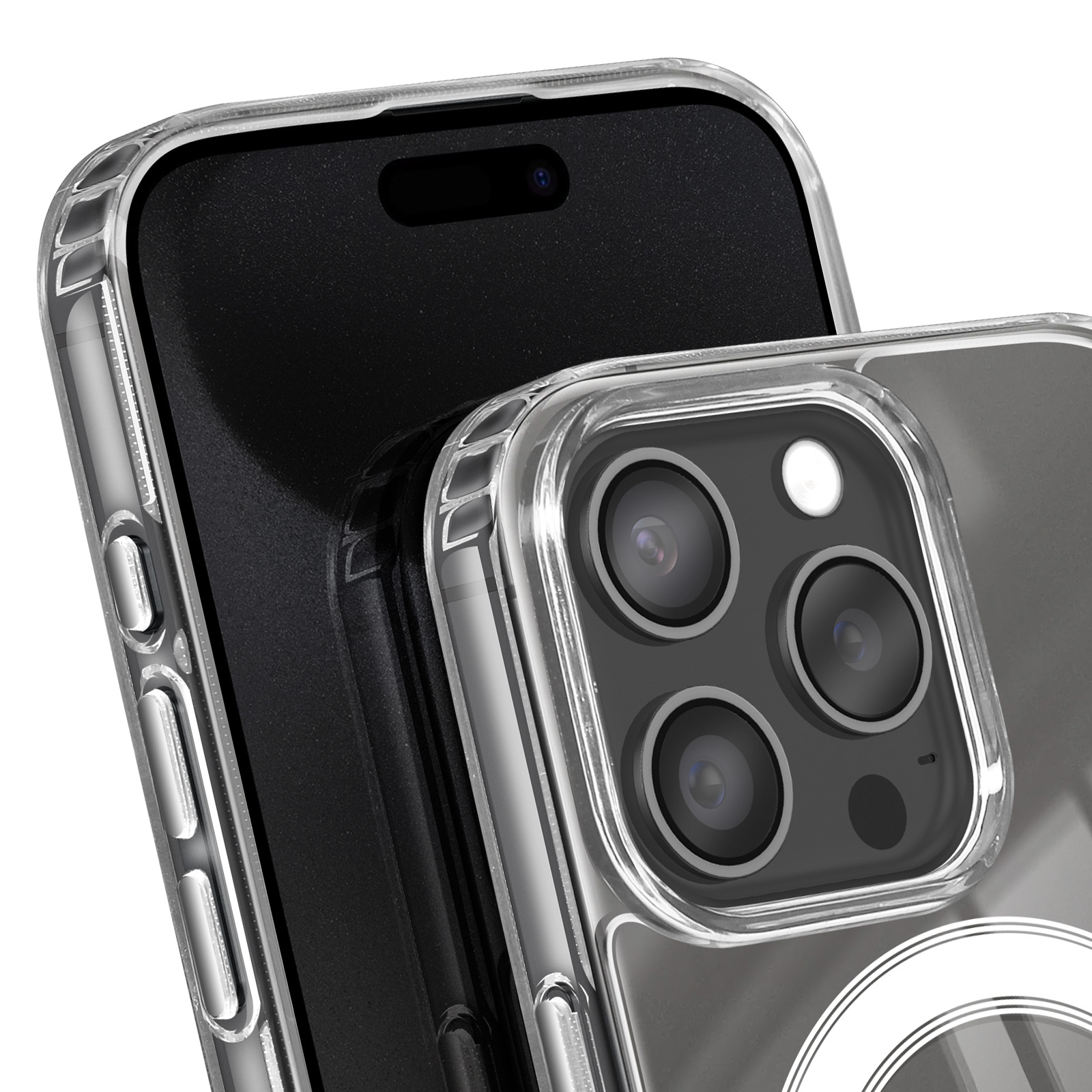 Close-up van een smartphone met een doorzichtige hoes. De cameralenzen en de randen van de hoes zijn zichtbaar.