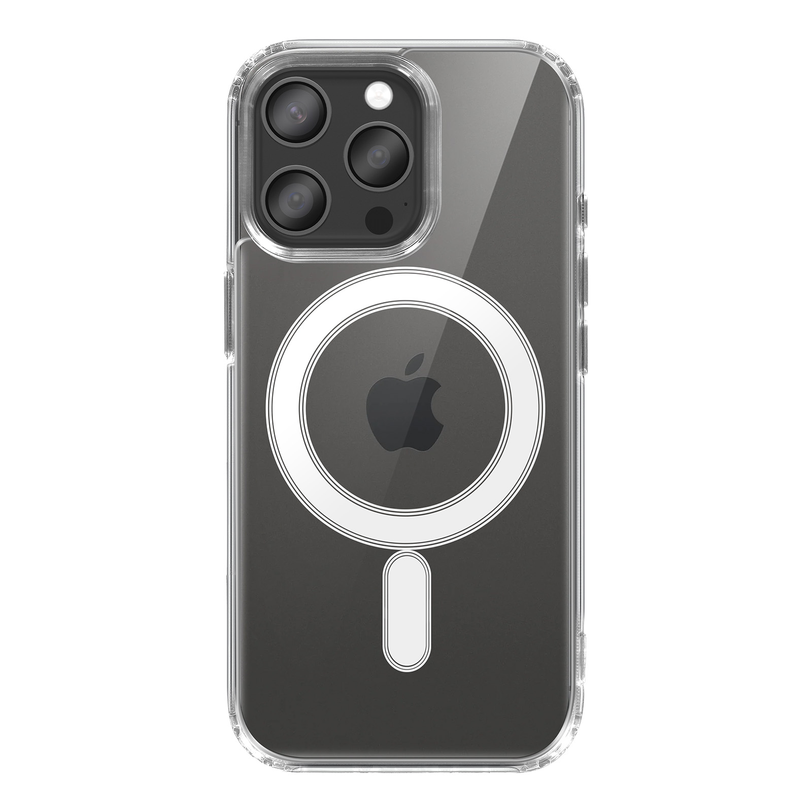 Transparante iPhone-hoes met MagSafe-ring en Apple-logo. De hoes heeft een camera-uitsparing, op een witte achtergrond.