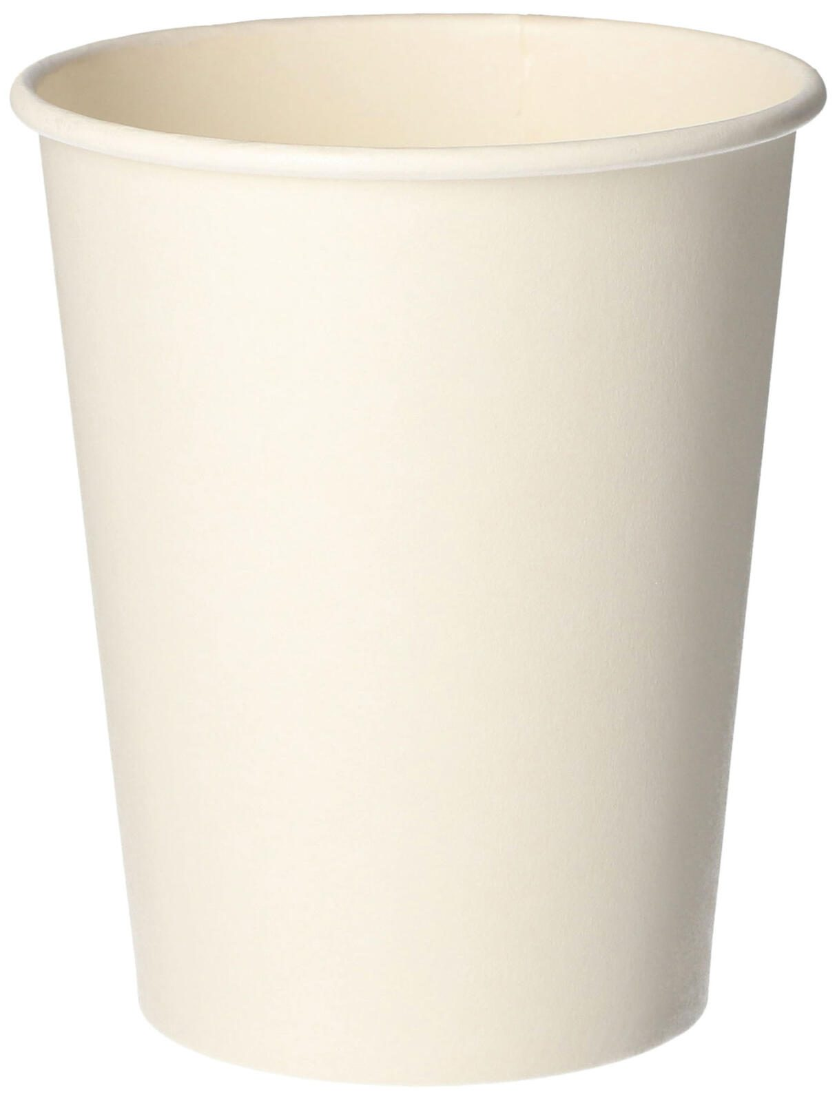 Ein schlichter, cremefarbener Pappbecher. Der Becher hat einen leicht ausgestellten Rand und einen glatten, zylindrischen Körper.