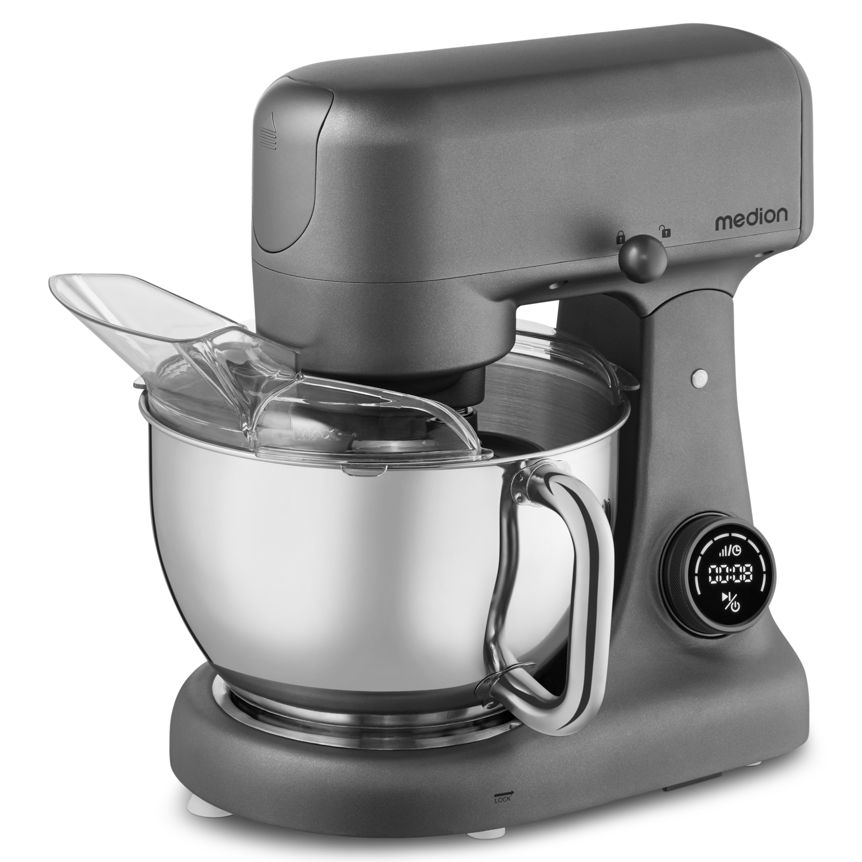 Ein grauer Küchenmixer mit einer Edelstahlschüssel und einem durchsichtigen Kunststoffschild steht auf weißem Grund.