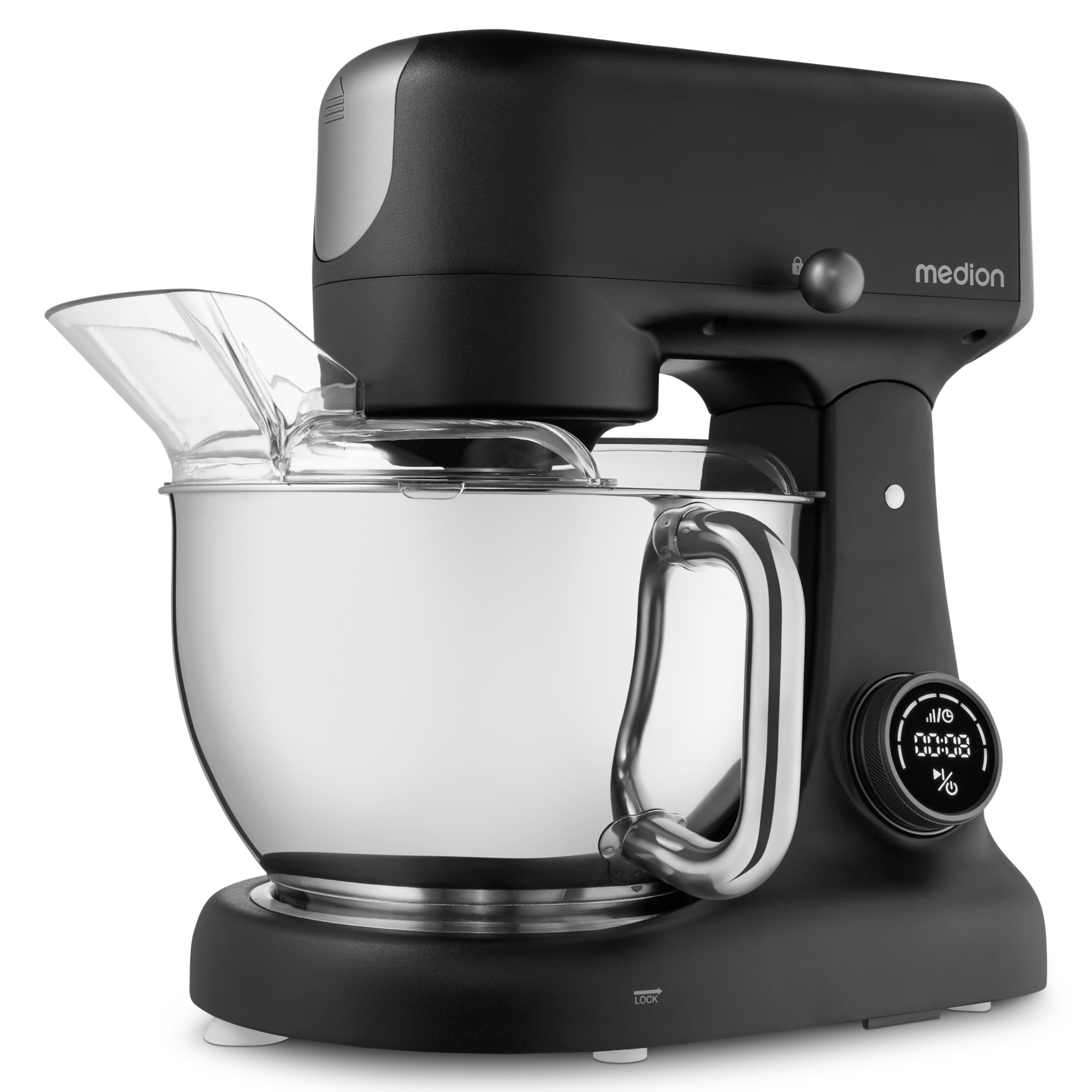 Ein schwarzer und silberner Küchenmixer mit Edelstahlschüssel und Digitalanzeige, auf weißem Hintergrund.