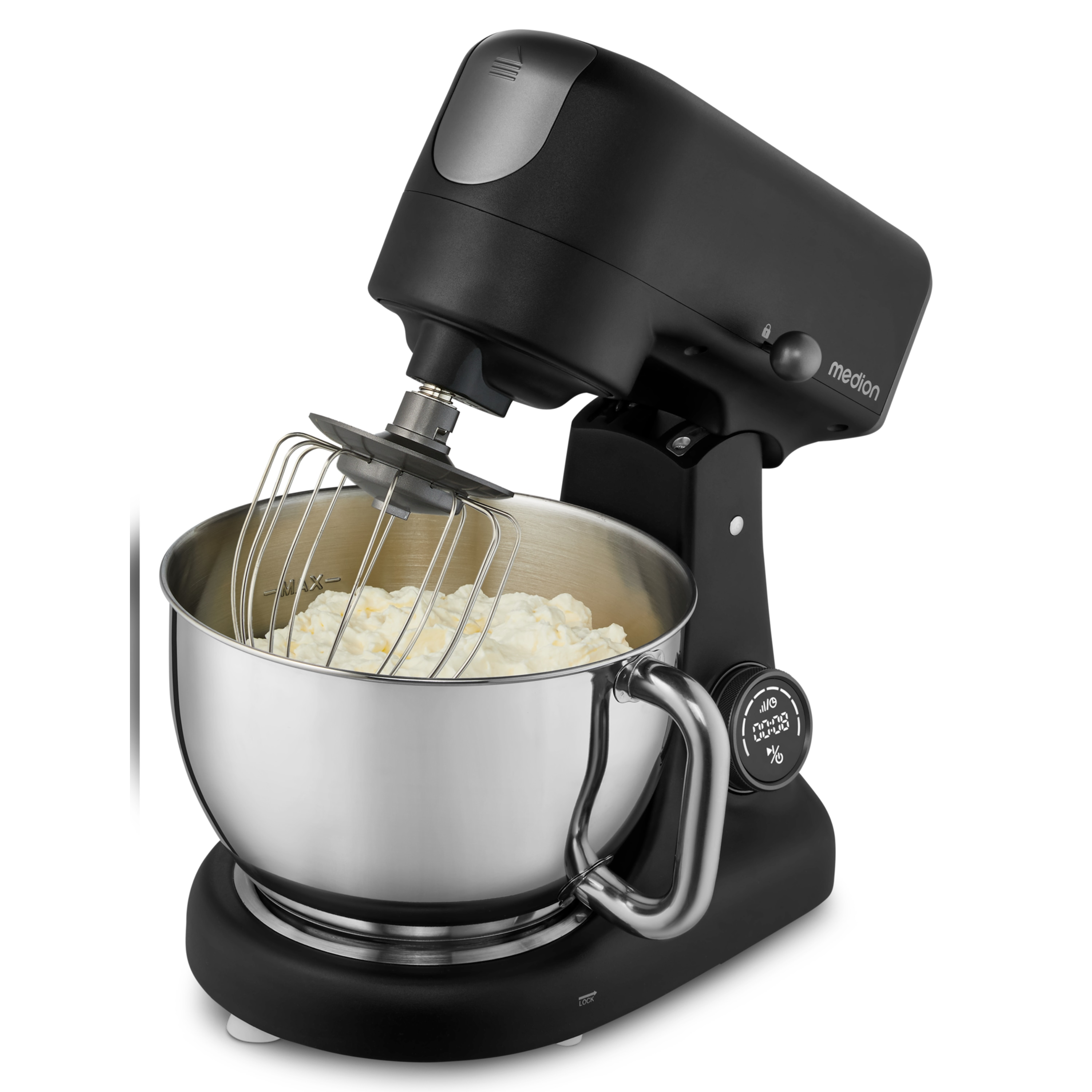 Ein schwarzer Medion-Küchenmixer mit einer silbernen Schüssel, die Sahne enthält. Der Mixer hat einen digitalen Timer.