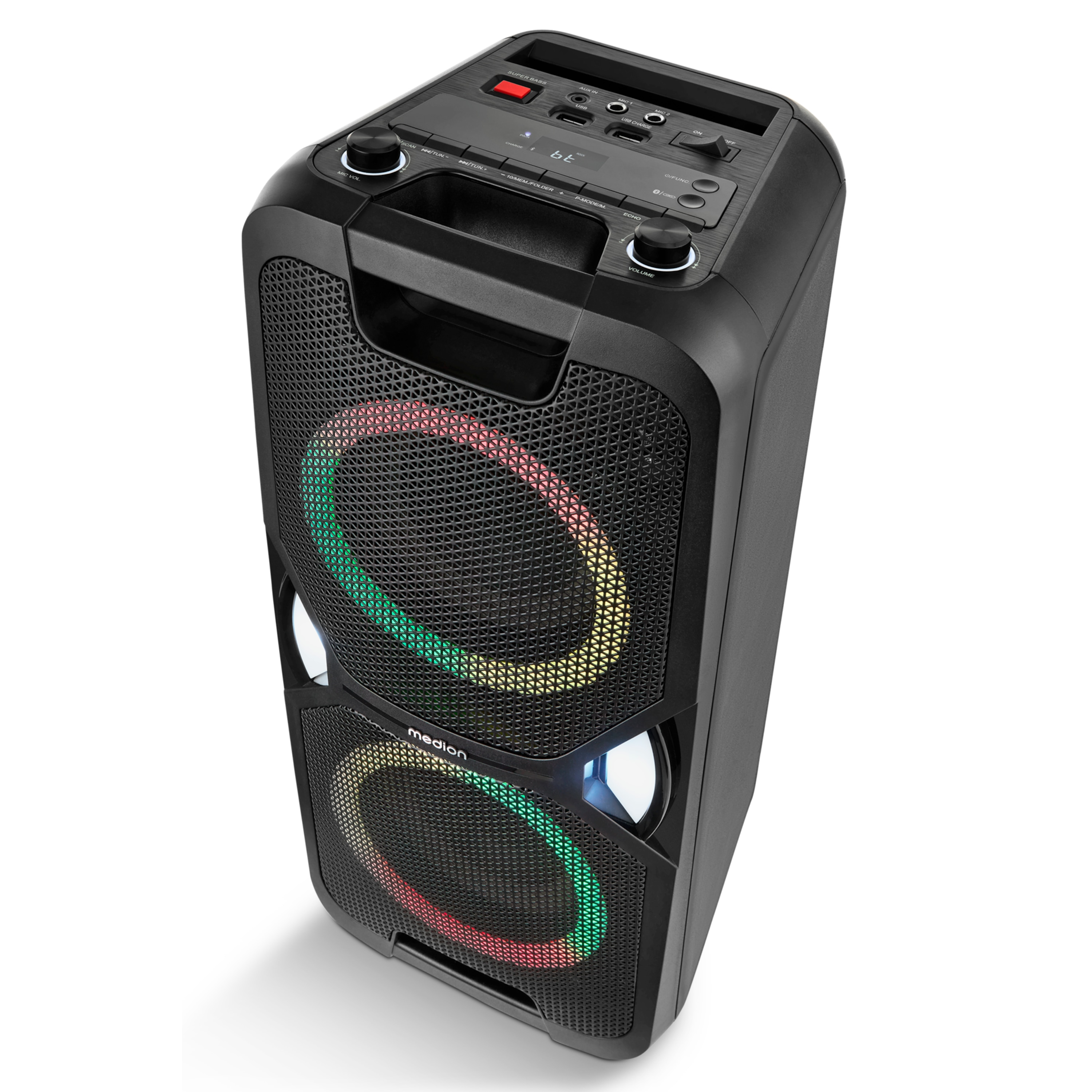 Altavoz negro con luces de colores y panel de control. Botones, perillas y asa.