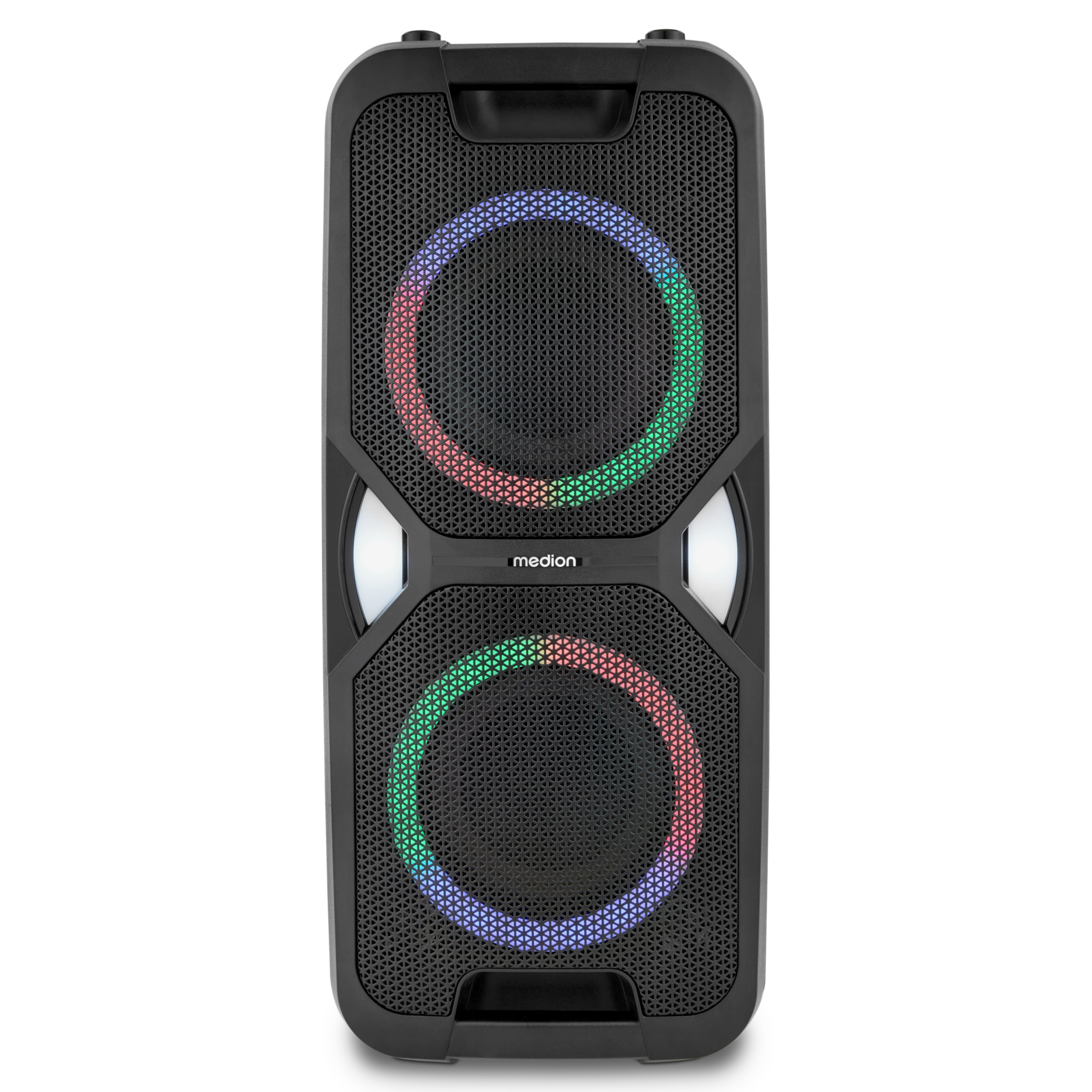 Un altavoz negro con dos luces circulares encendidas que cambian de color. La marca es 'medion'.