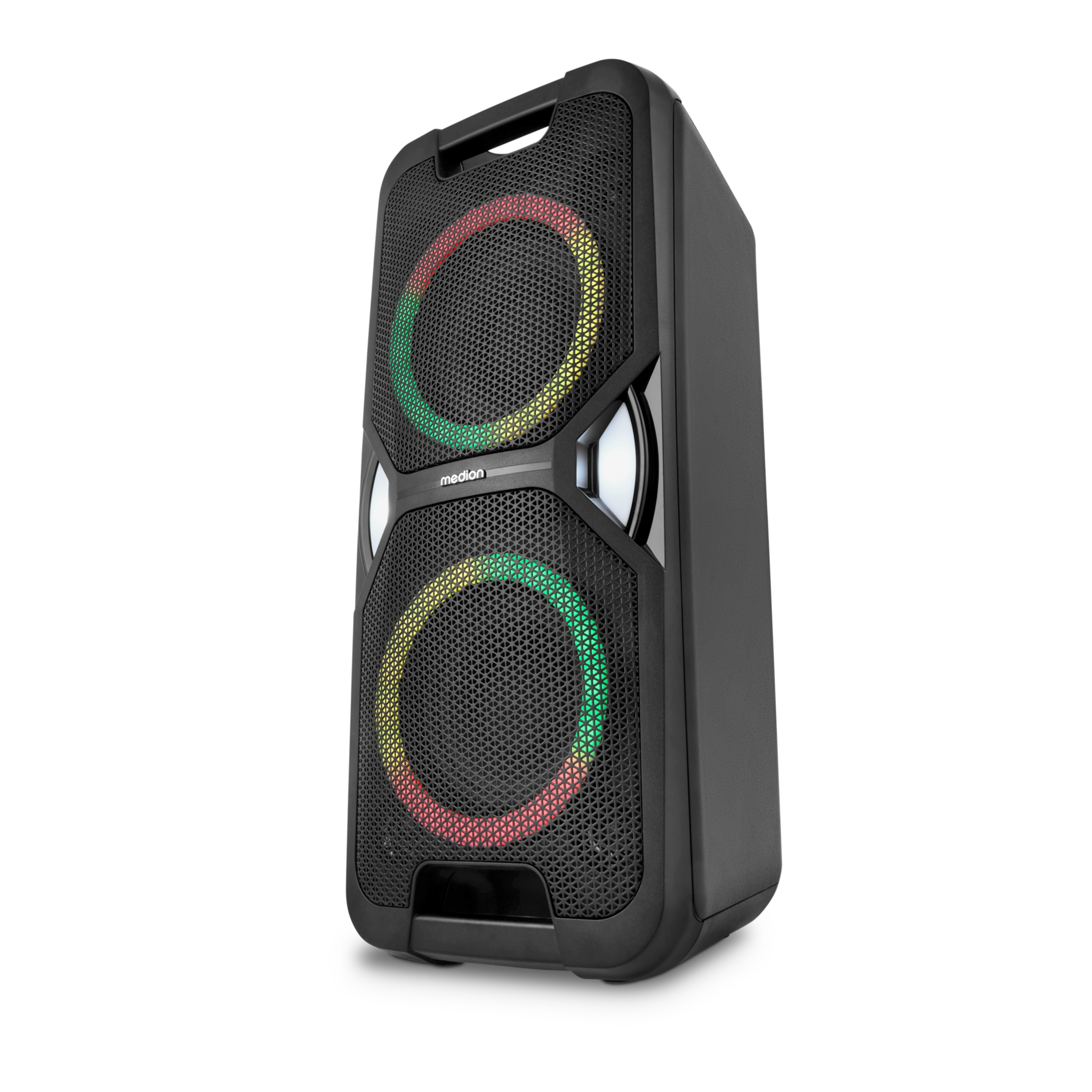 Un altavoz Medion negro con anillos de luz coloridos. Tiene un asa y está sobre fondo blanco.