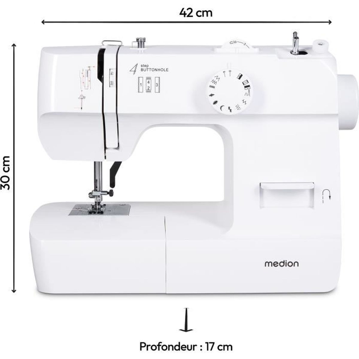 Biała maszyna do szycia z wymiarami. Posiada ustawienia dziurki na guziki i markę 'medion'.