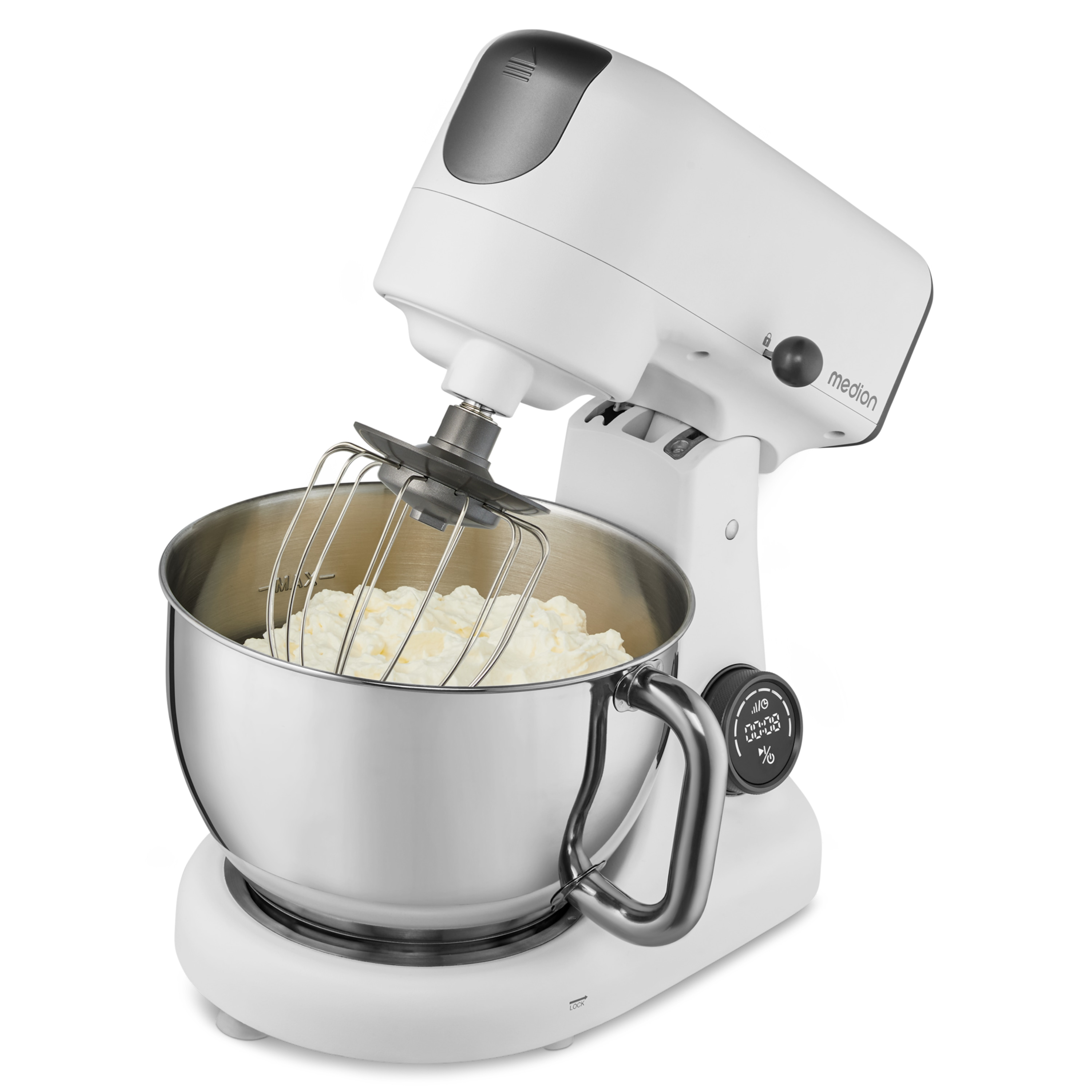 Ein weißer Medion-Küchenmixer mit einer Edelstahlschüssel gefüllt mit Schlagsahne. Er hat einen digitalen Timer.
