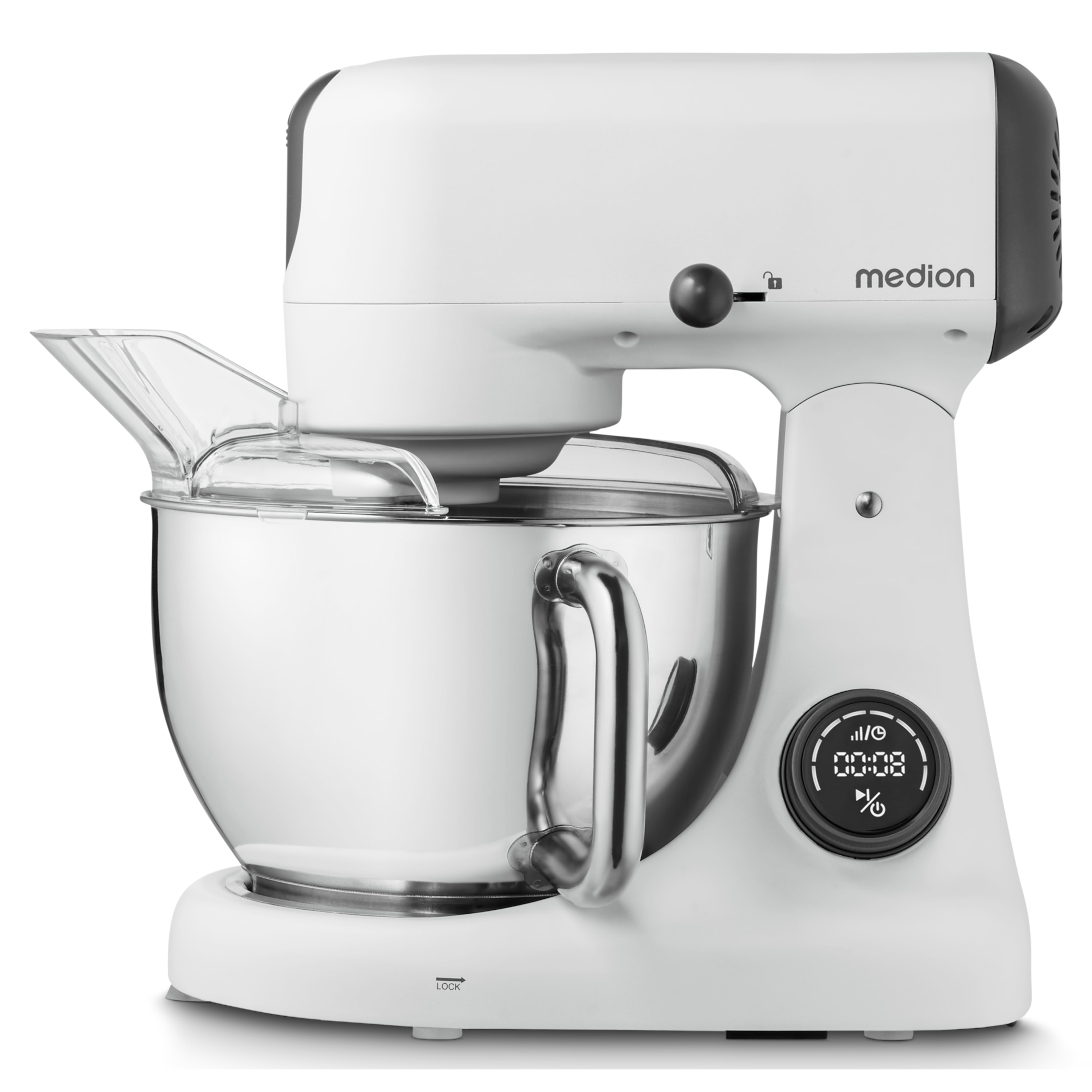 Ein weißer Medion-Küchenmixer. Er hat eine Edelstahlschüssel und ein Digitaldisplay. Ein durchsichtiger Kunststoffschutz ist angebracht.