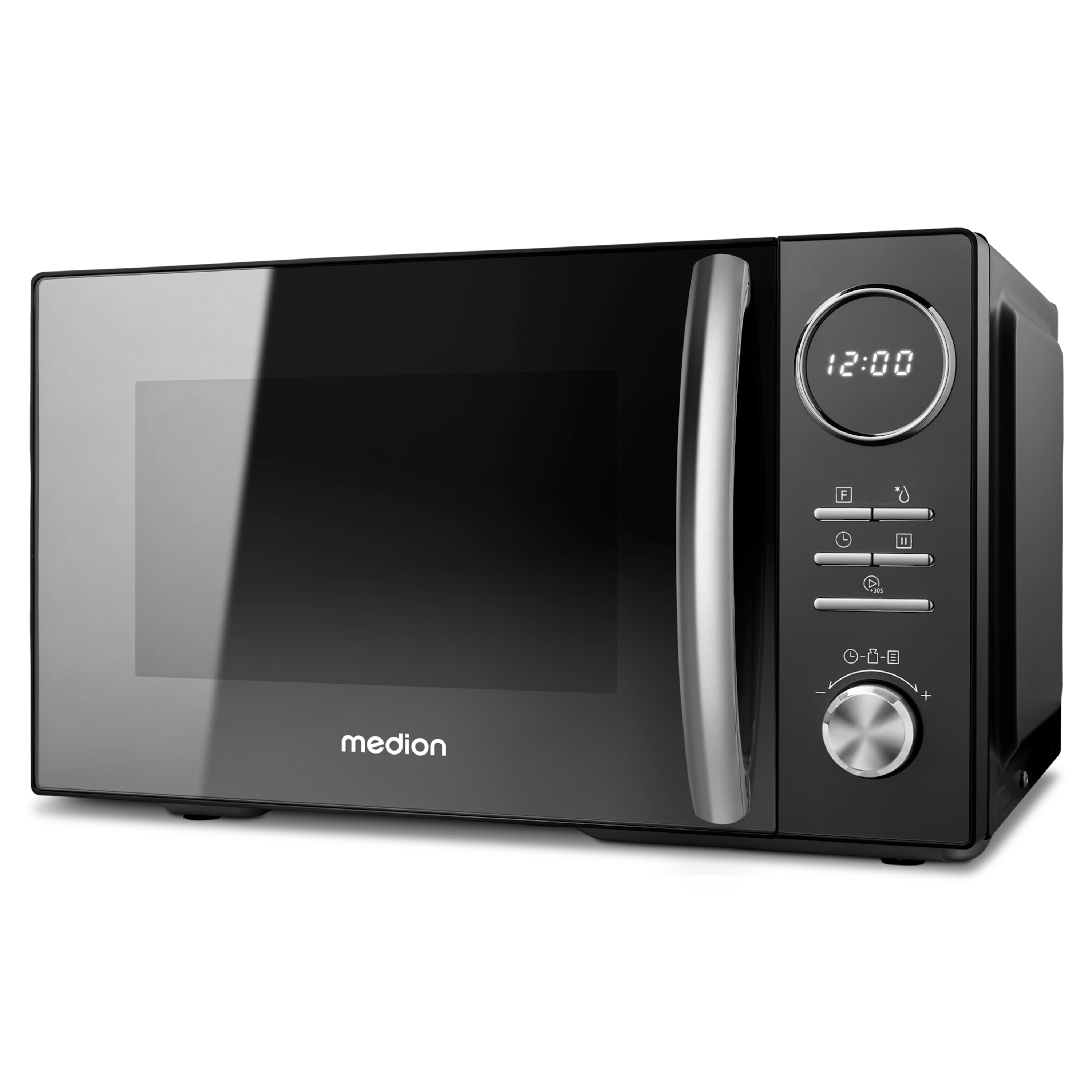Microondas negro con puerta de cristal, asa plateada y panel de control con reloj digital que muestra las 12:00.