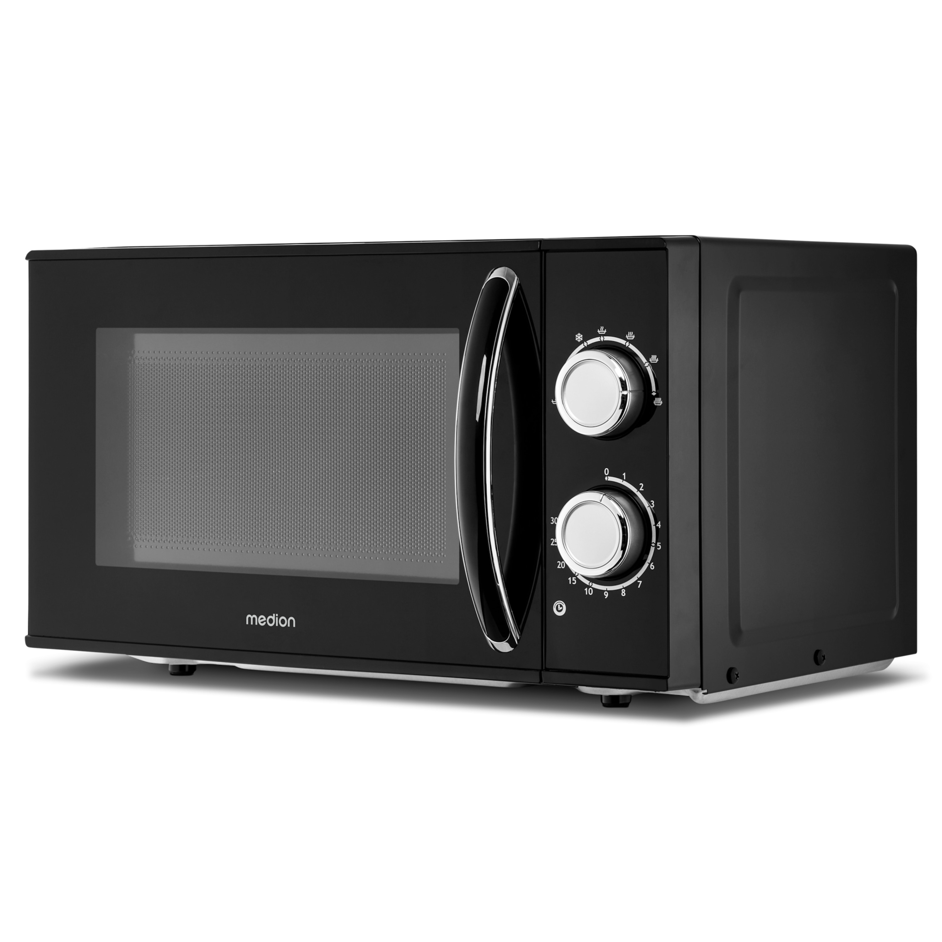 Czarna kuchenka mikrofalowa Medion. Ma szklane drzwi, dwa pokrętła i uchwyt. Tło jest białe.