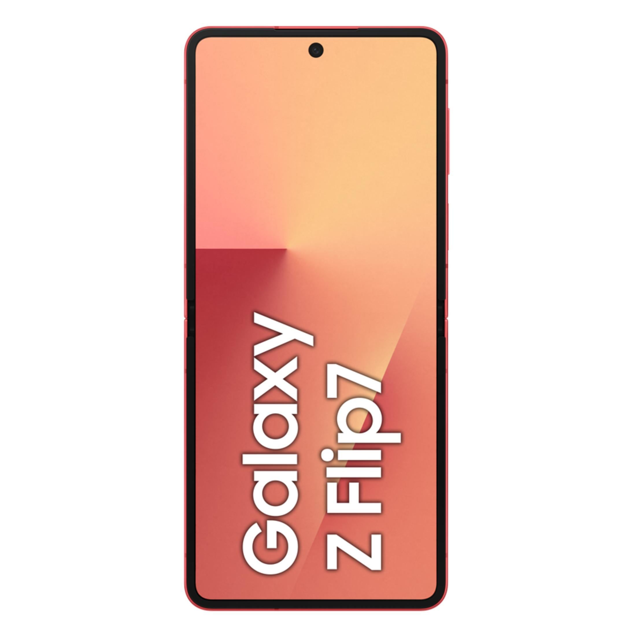 Ein rotes Samsung Galaxy Z Flip7-Telefon wird gezeigt. Der Bildschirm zeigt einen Farbverlauf, mit dem Namen des Telefons in weißen Buchstaben.