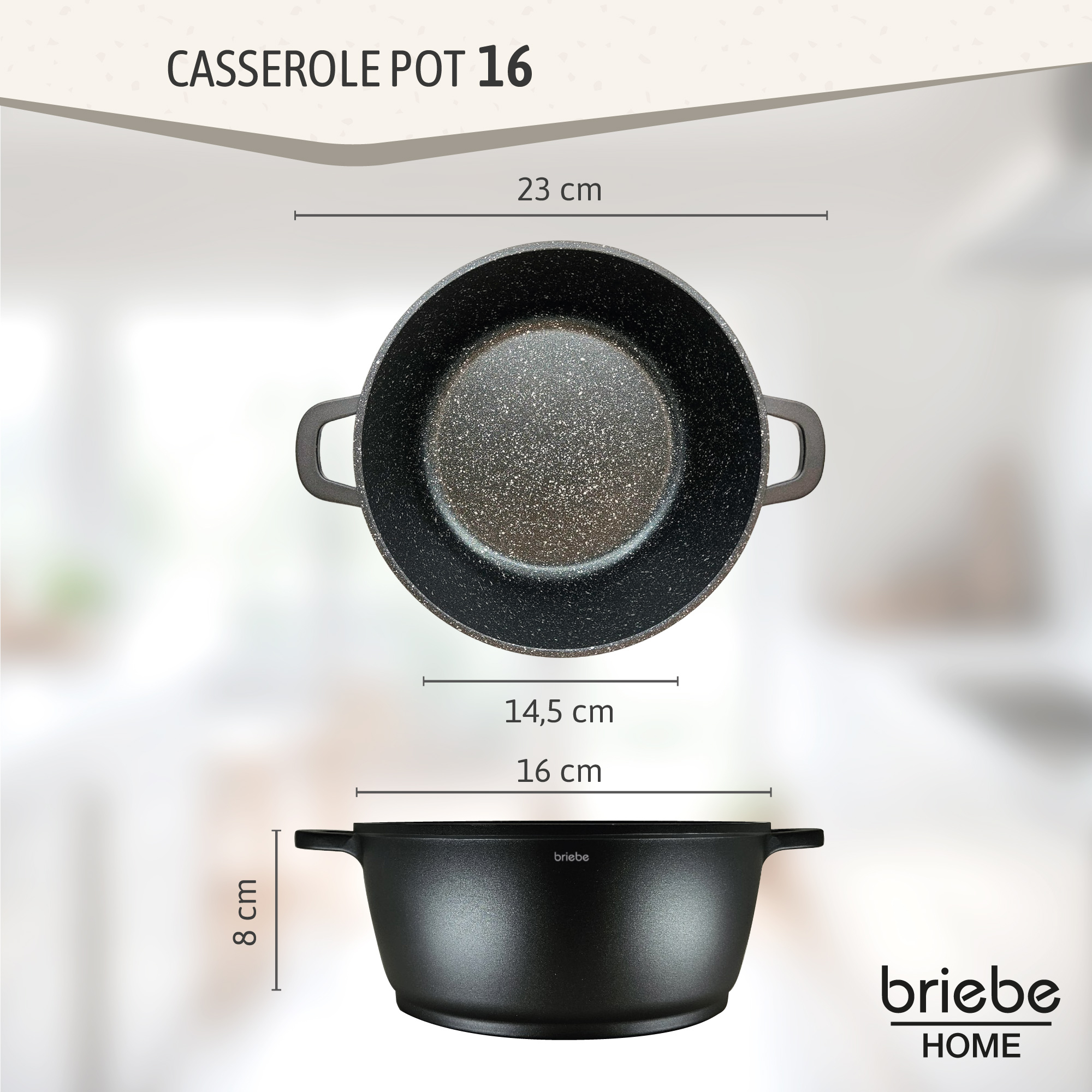Una olla negra con dimensiones etiquetadas. La olla está marcada como 'briebe HOME'.