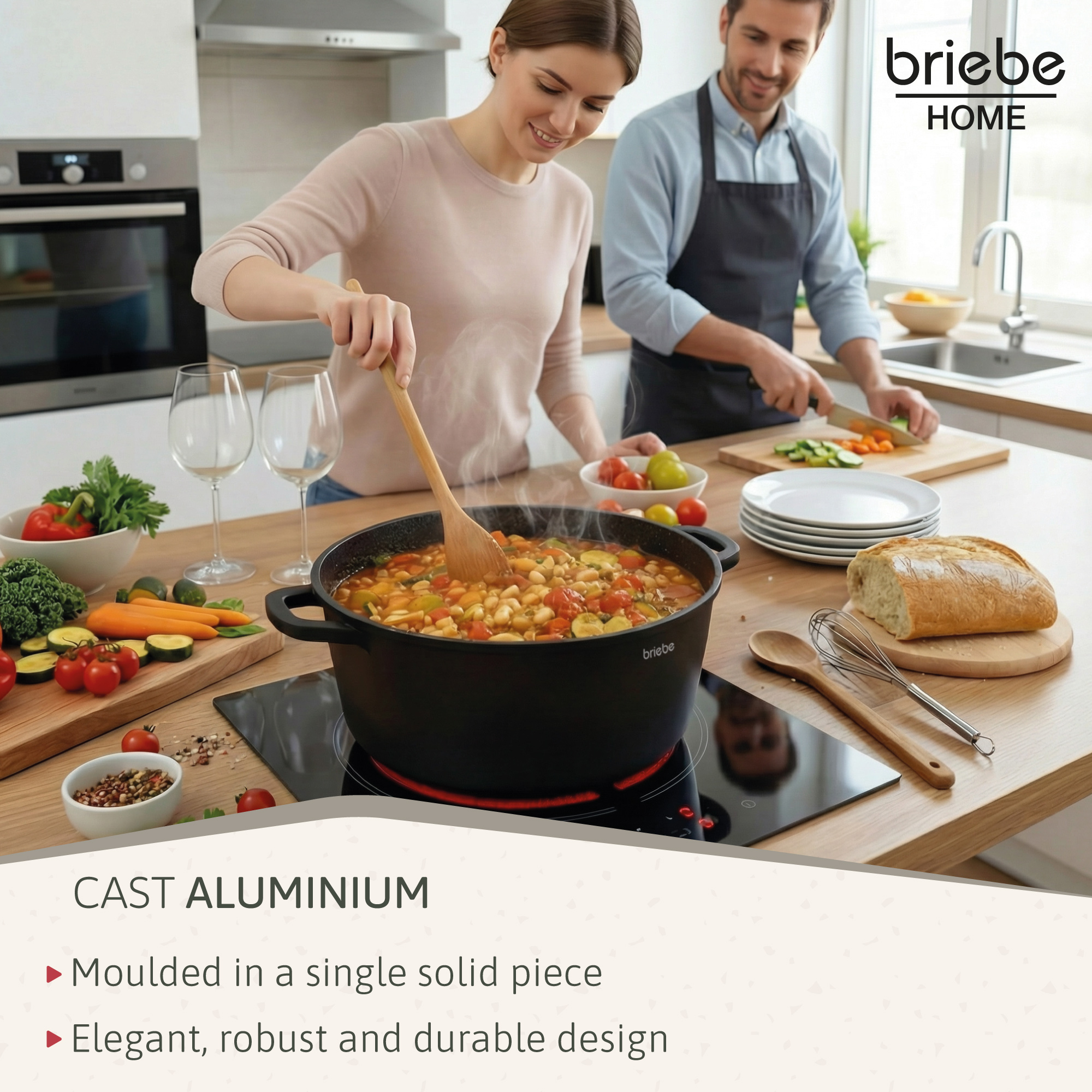 Una pareja cocina junta. Una mujer revuelve comida en una olla. Un hombre corta verduras. La comida y los utensilios de cocina son visibles.