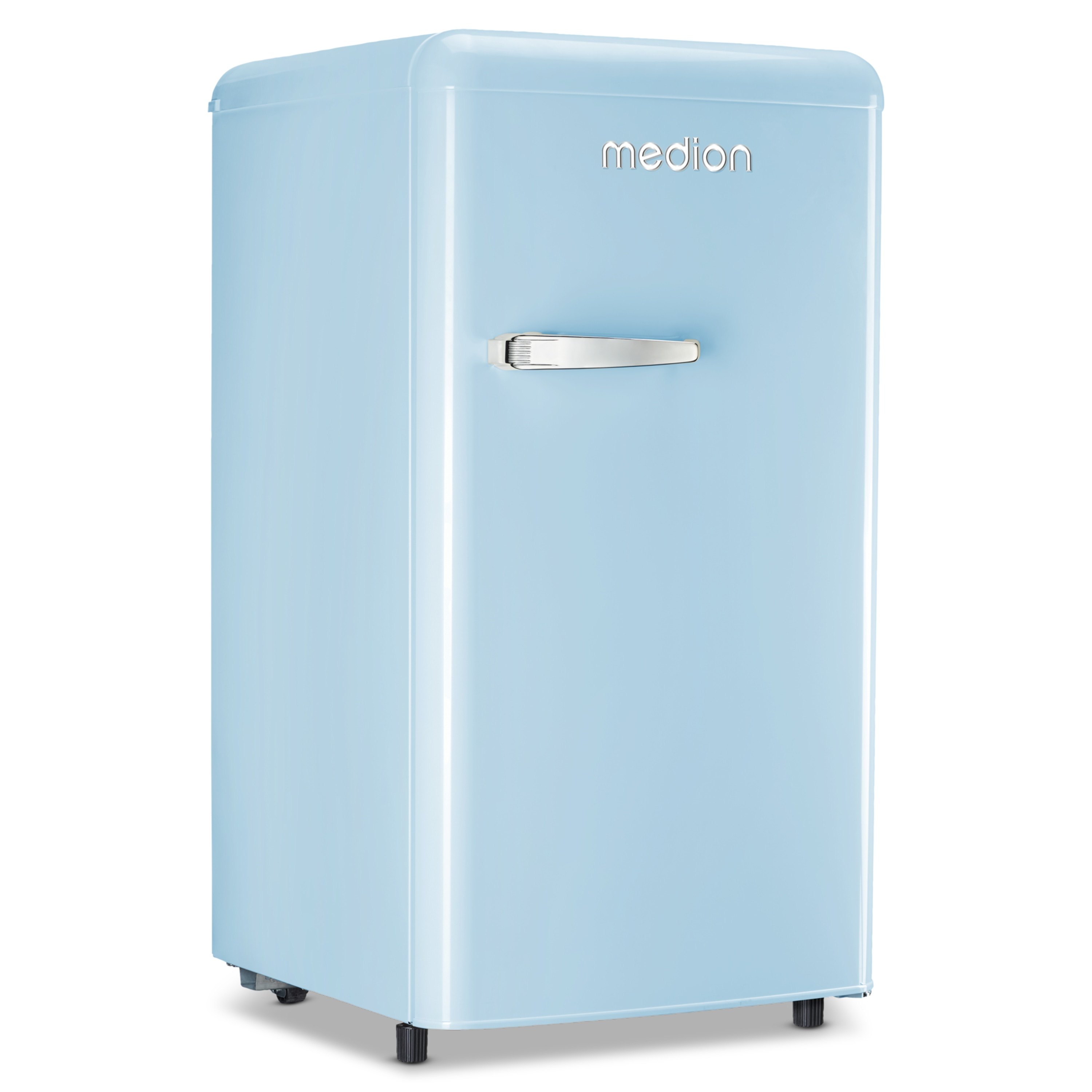 Ein hellblauer Mini-Kühlschrank mit silberfarbenem Griff und dem Markennamen "medion" auf weißem Hintergrund.