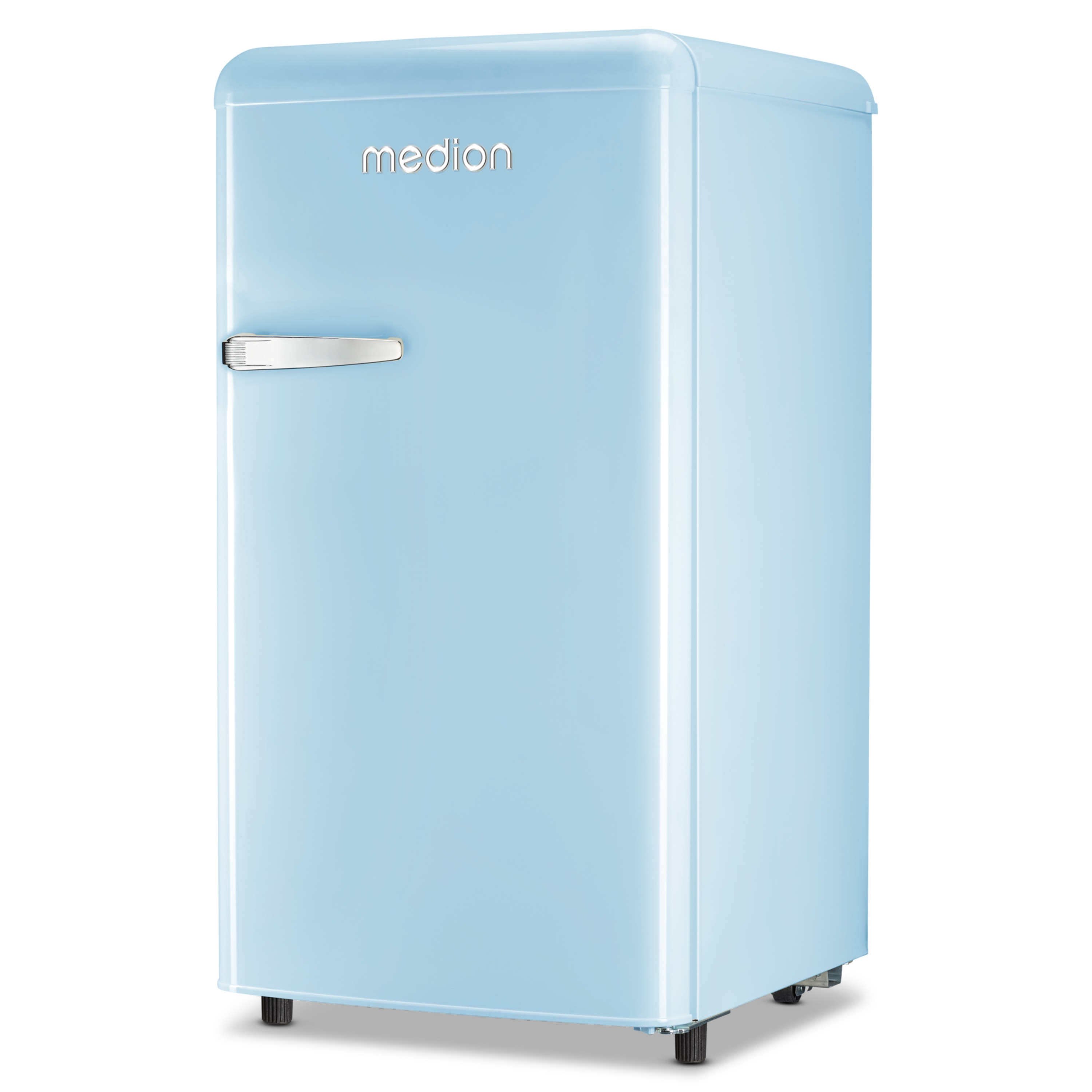 Ein hellblauer Medion Retro-Kühlschrank mit silberfarbenem Griff. Es ist auf weißem Hintergrund.