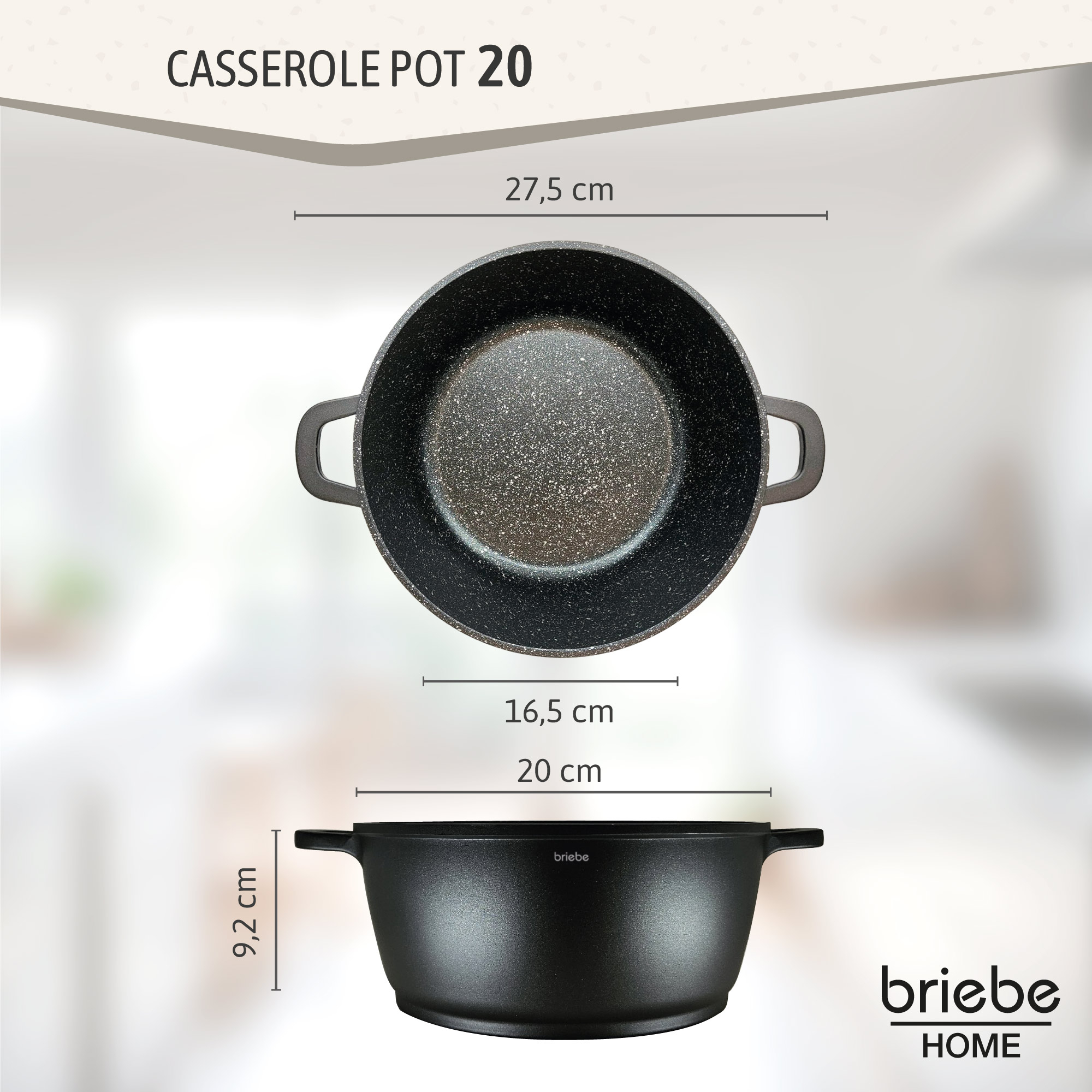 Una olla negra con asas. Está etiquetada como Cacerola Pot 20. Se proporcionan las dimensiones.
