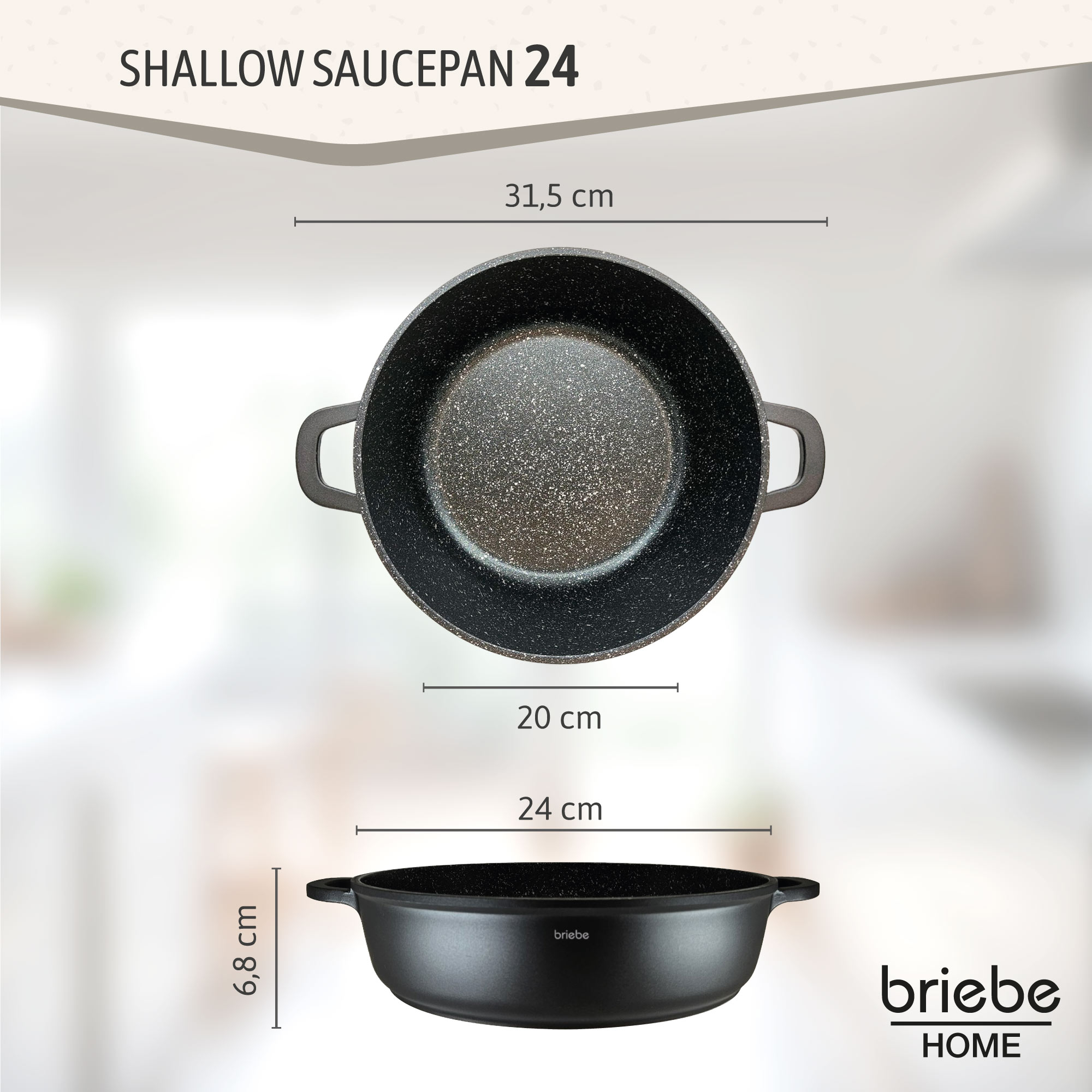 Se muestra una sartén negra y poco profunda con asas. Las dimensiones son: 31,5 cm, 20 cm, 24 cm y 6,8 cm.