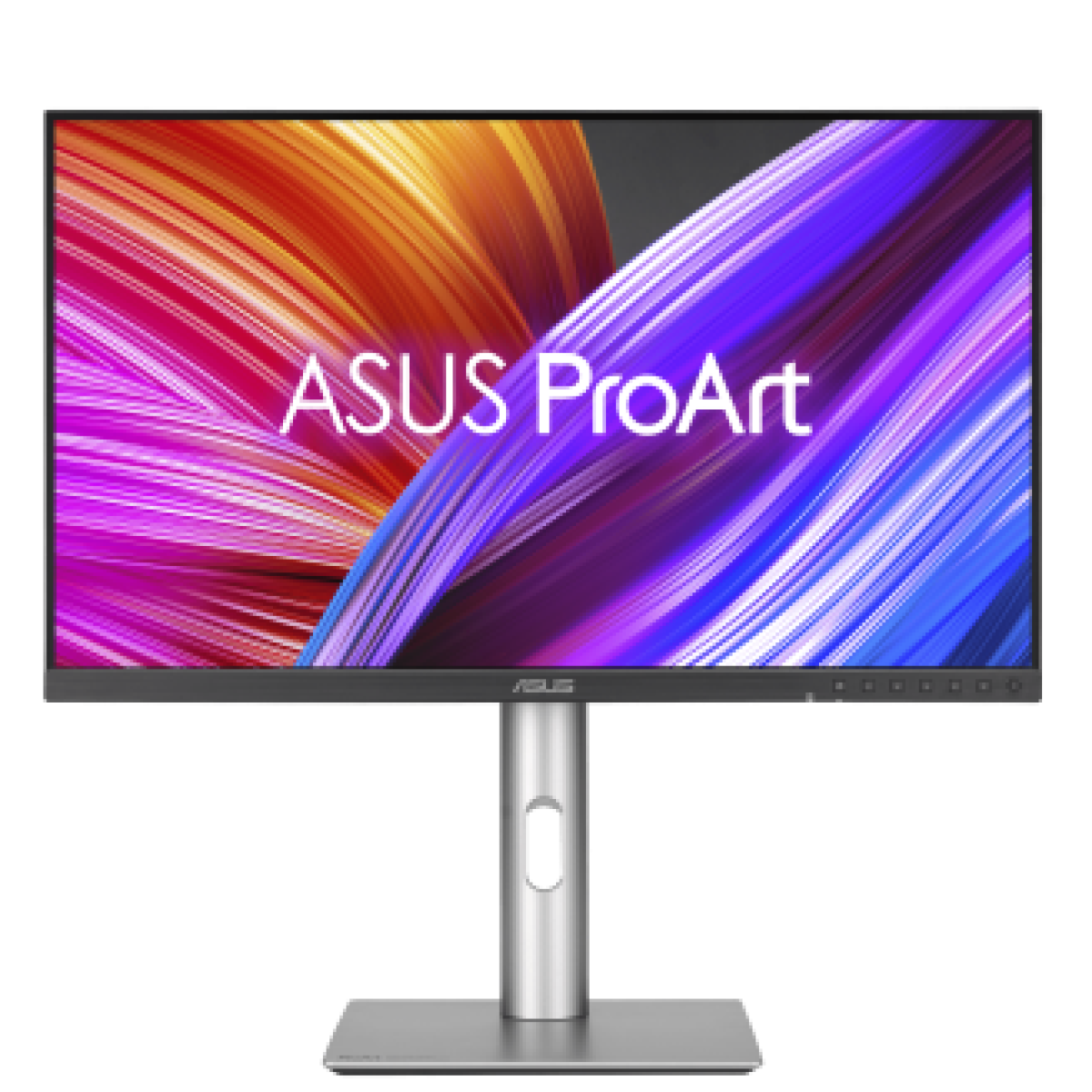 Monitor ASUS ProArt z kolorowym abstrakcyjnym tłem. Ma srebrną podstawę i podstawę. Ekran wyświetla nazwę marki.