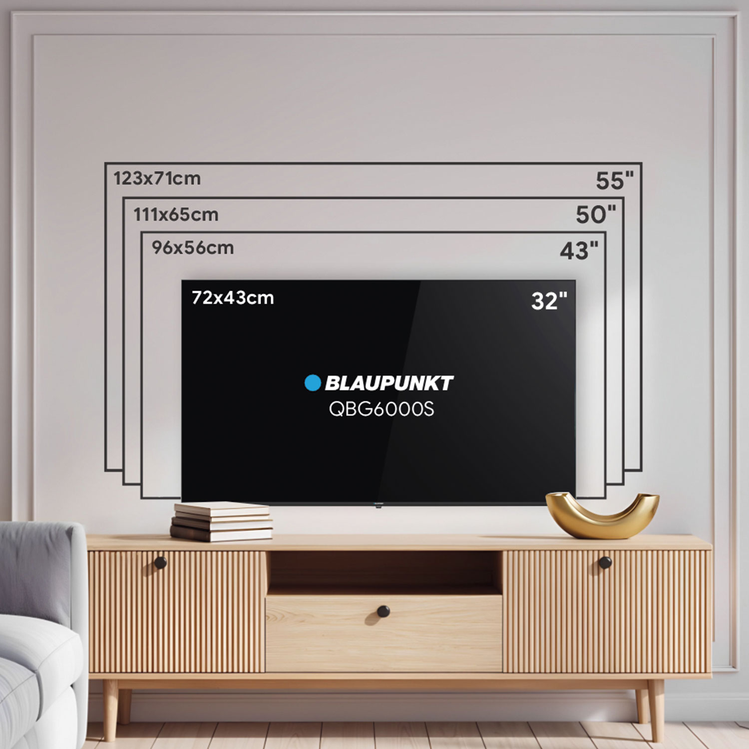 Telewizor na drewnianym stojaku. Telewizor ma czarny ekran i wyświetla logo Blaupunkt.