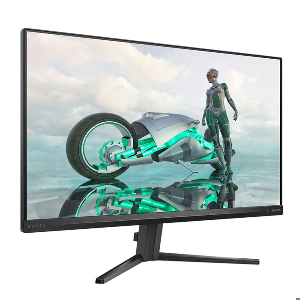 Een computermonitor toont een futuristische afbeelding van een motorfiets en een figuur. De monitor is zwart en toont het Philips-logo.