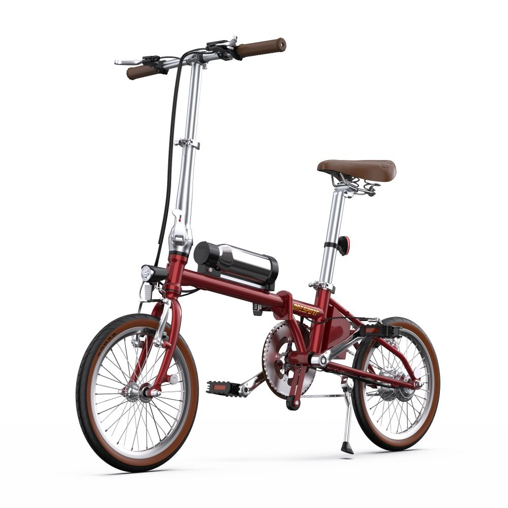 Una bicicleta plegable roja con neumáticos y asiento marrones. La bicicleta tiene una batería plateada y un caballete. El fondo es blanco.