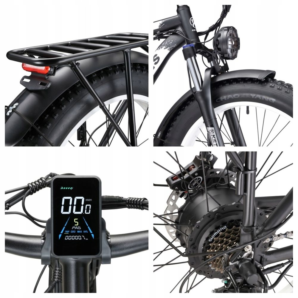 Primeros planos de una bicicleta eléctrica negra. Los detalles incluyen una pantalla digital, engranajes Shimano y luces delanteras y traseras.