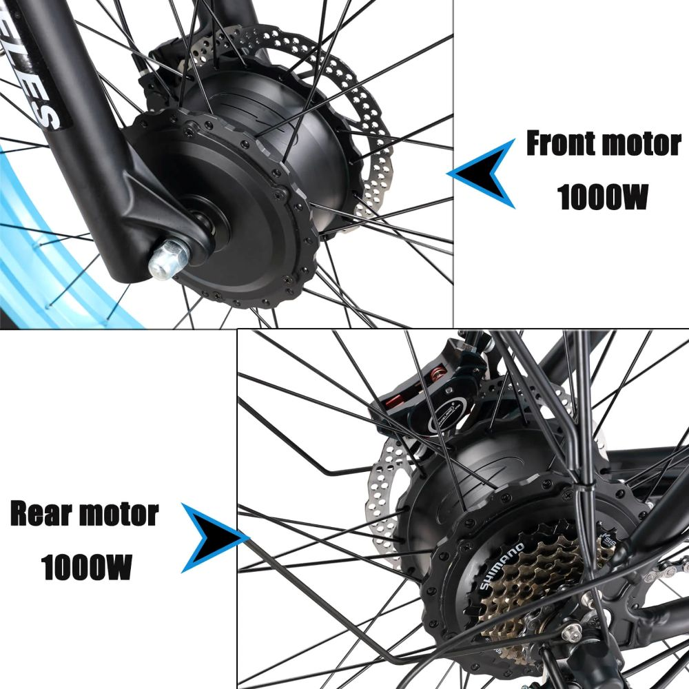 Primer plano de ruedas de bicicleta eléctrica. Muestra motores delantero y trasero, ambos de 1000W. Visibles frenos de disco y componentes Shimano.