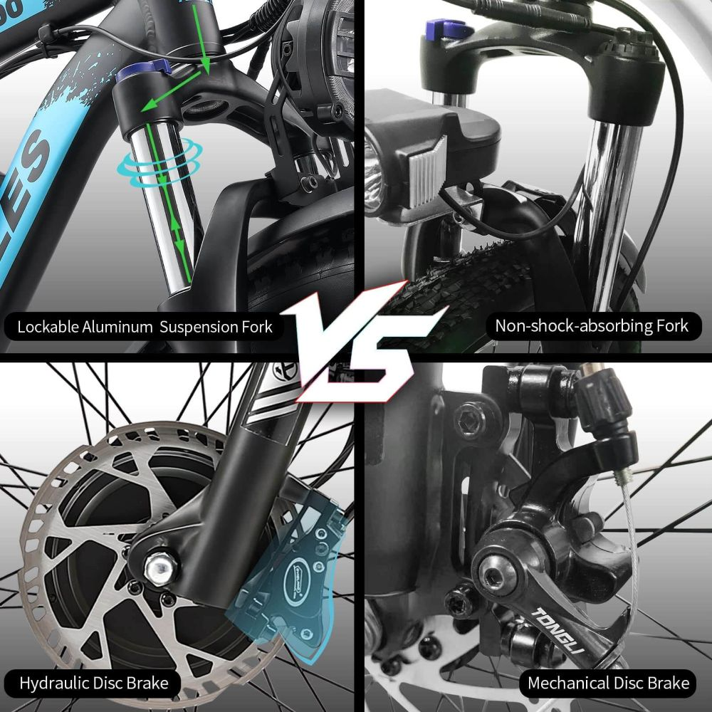 La imagen compara horquillas y frenos de bicicleta: horquilla de suspensión bloqueable vs. horquilla rígida, y freno de disco hidráulico vs. mecánico.