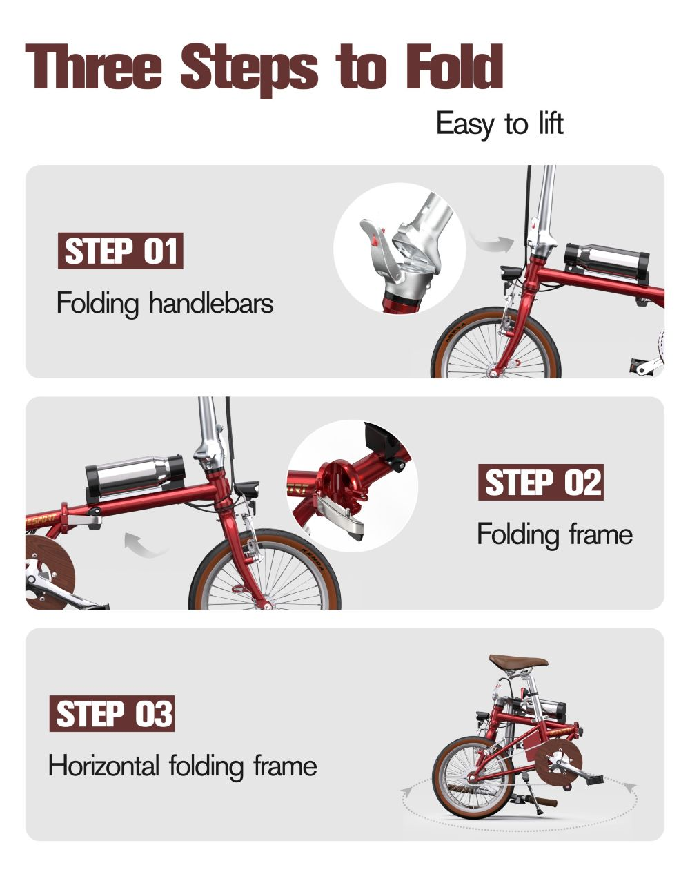 Tres pasos para plegar una bicicleta roja. Paso 1: manillar. Paso 2: cuadro. Paso 3: plegar el cuadro horizontalmente.