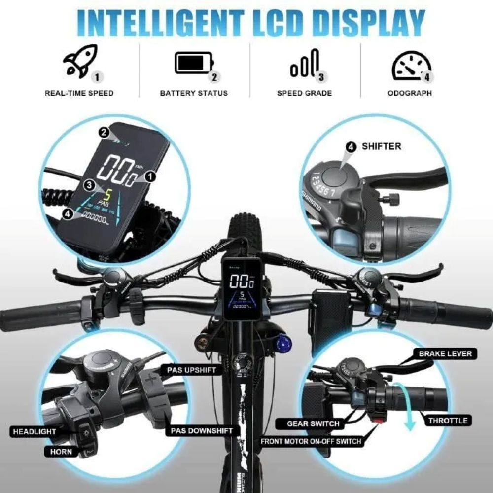 Manillar de bicicleta eléctrica con pantalla LCD inteligente. Incluye velocidad, batería, pendiente y odómetro, además de controles.