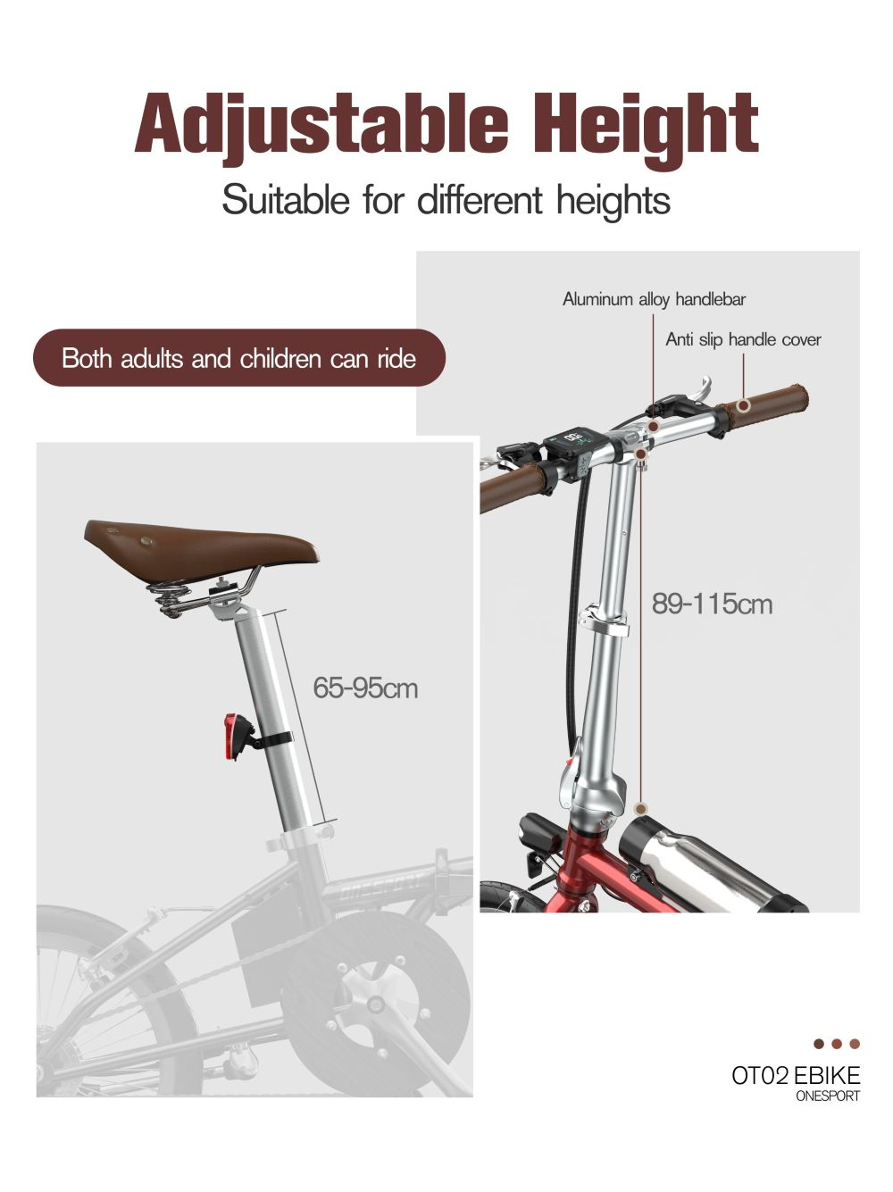 La imagen muestra una bicicleta eléctrica, destacando la altura ajustable. Incluye manillar, asiento y rangos de medición.