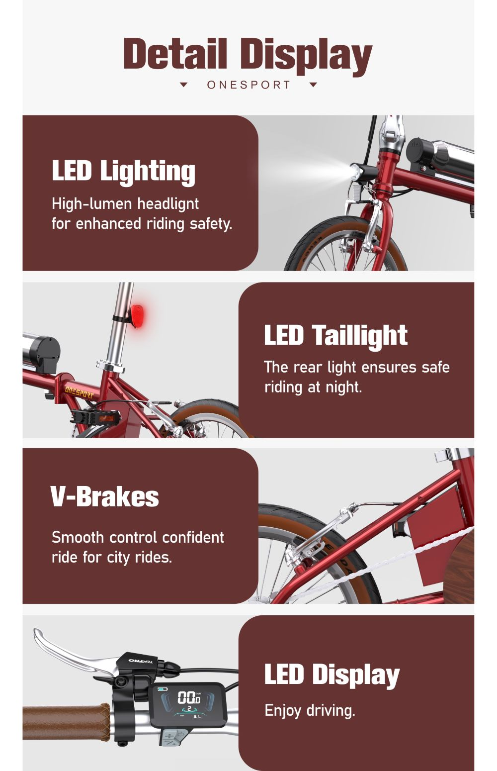 La imagen muestra detalles de una bicicleta roja: iluminación LED, luz trasera, frenos en V y pantalla LED con la marca ONESPORT.